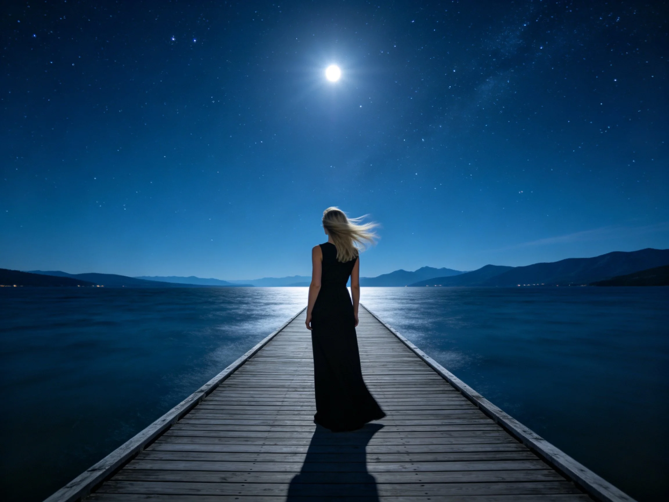 A woman in a long black dress on a wooden pier under a starry night sky