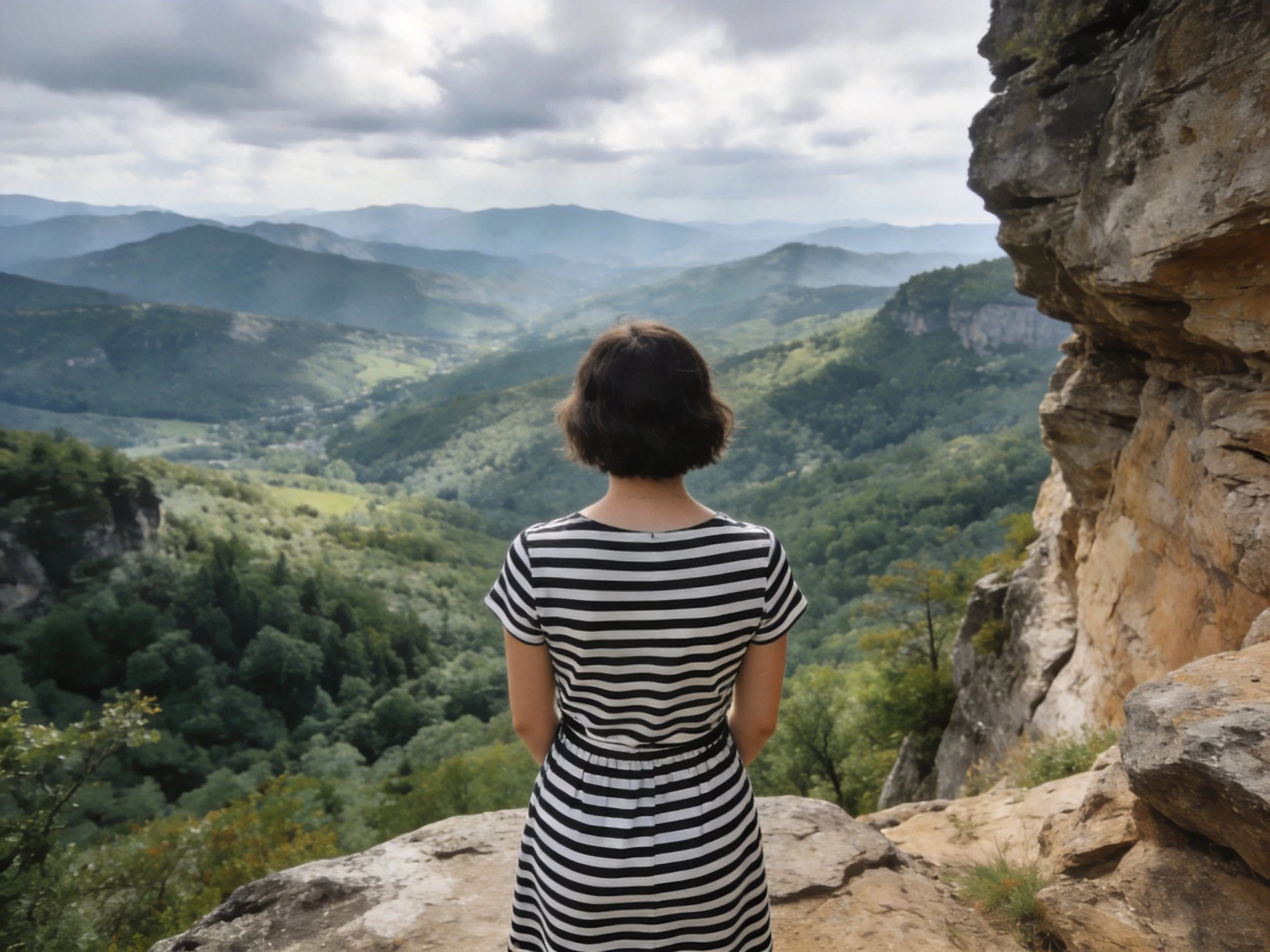 A woman in a striped dress overlooks lush mountain valleys from a rocky cliff.