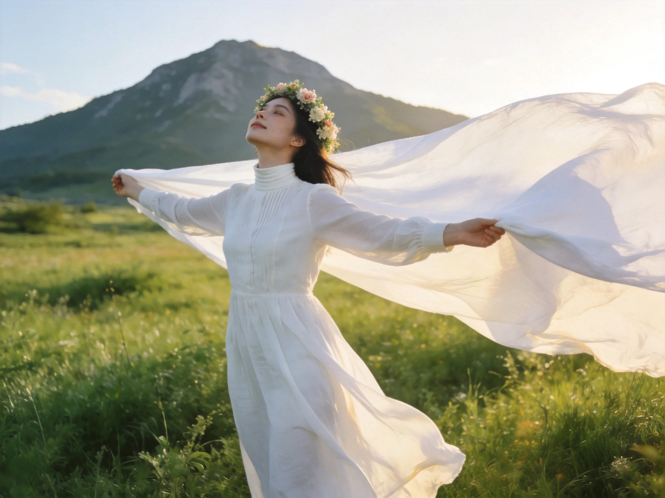A woman in a white dress with a flower crown stands in a green meadow near mountains.