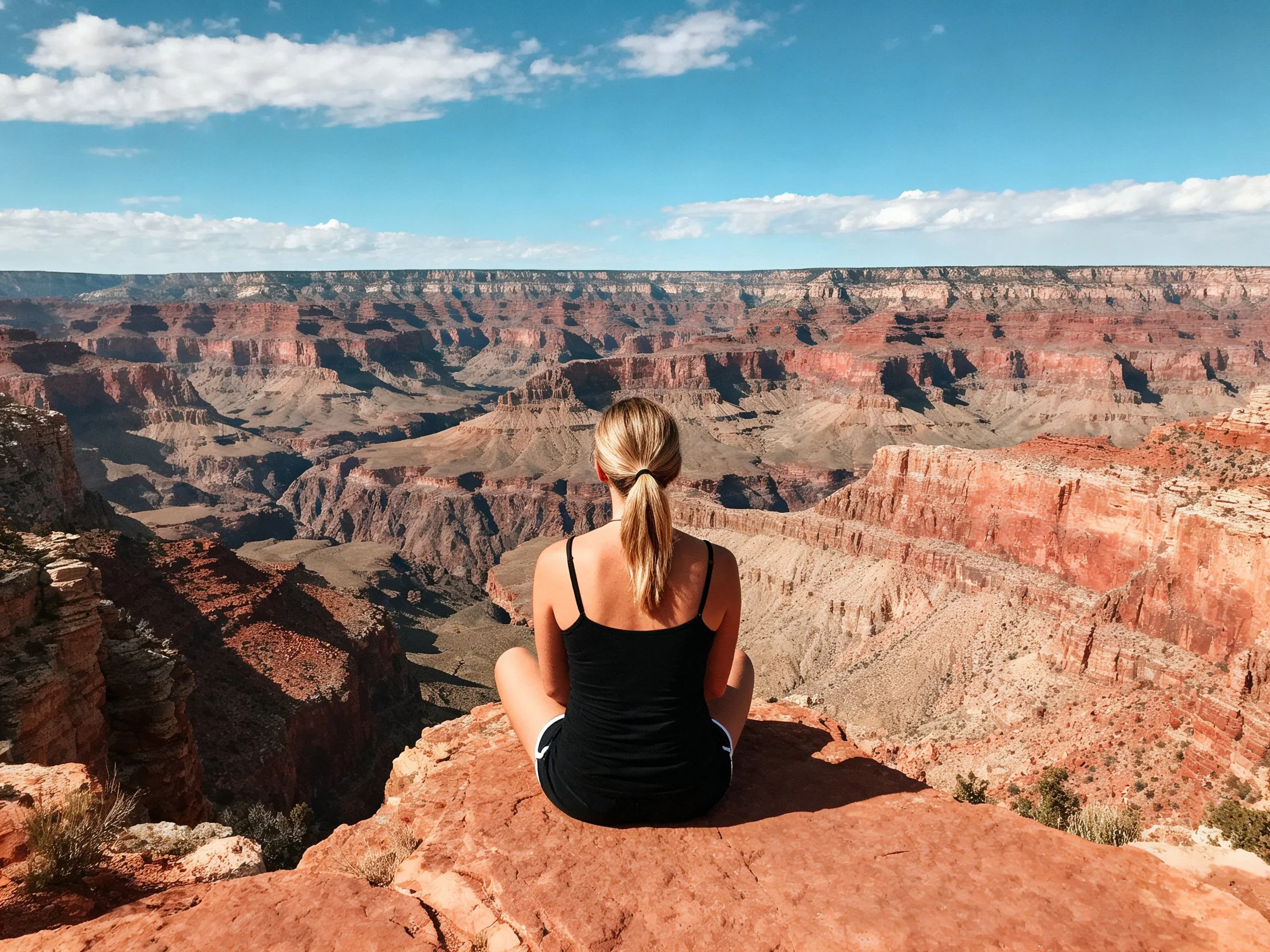 A woman in black sits on a red rocky cliff overlooking canyons