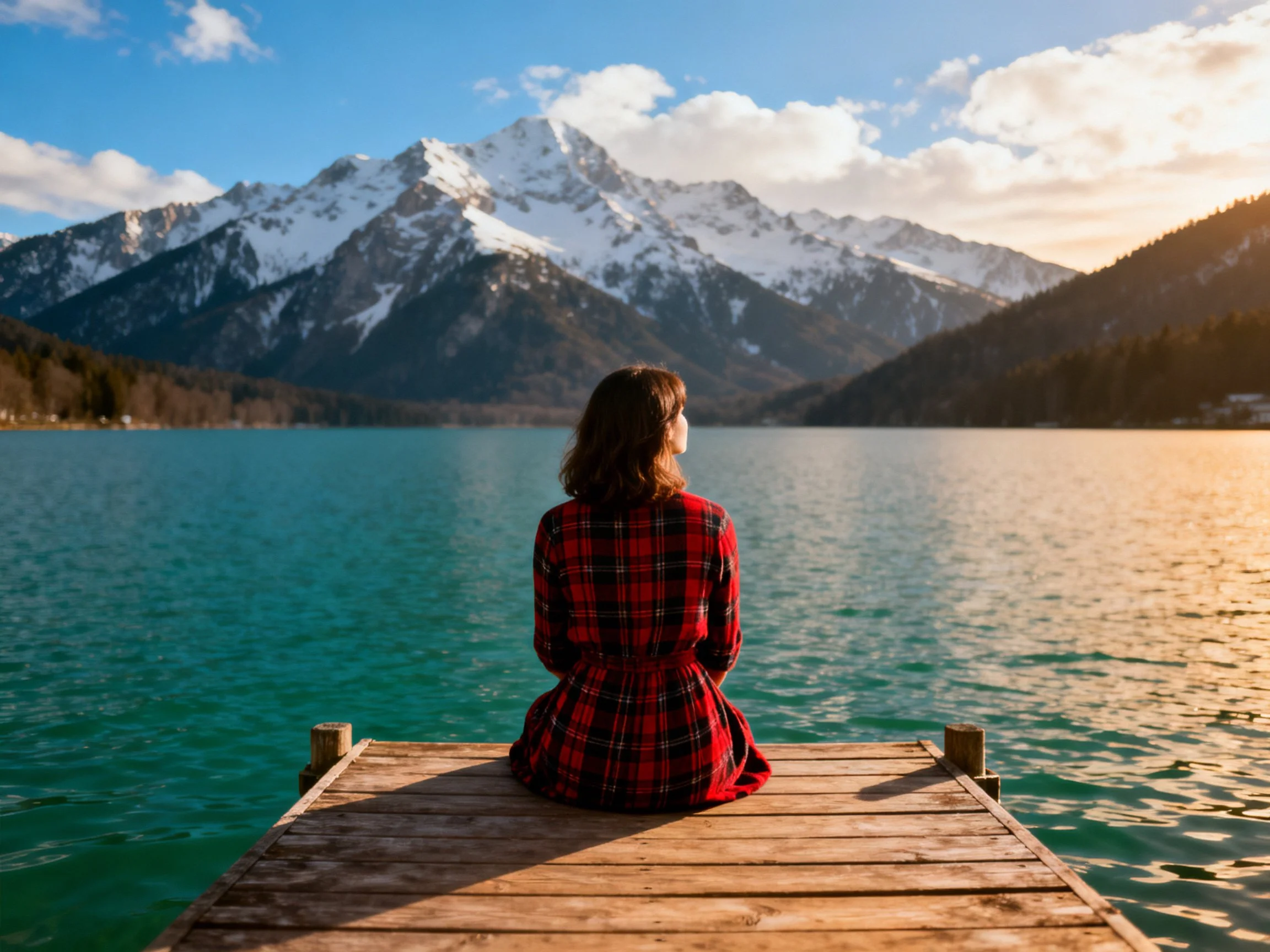 A woman in red plaid sits on a wooden dock by turquoise water and snow-capped mountains