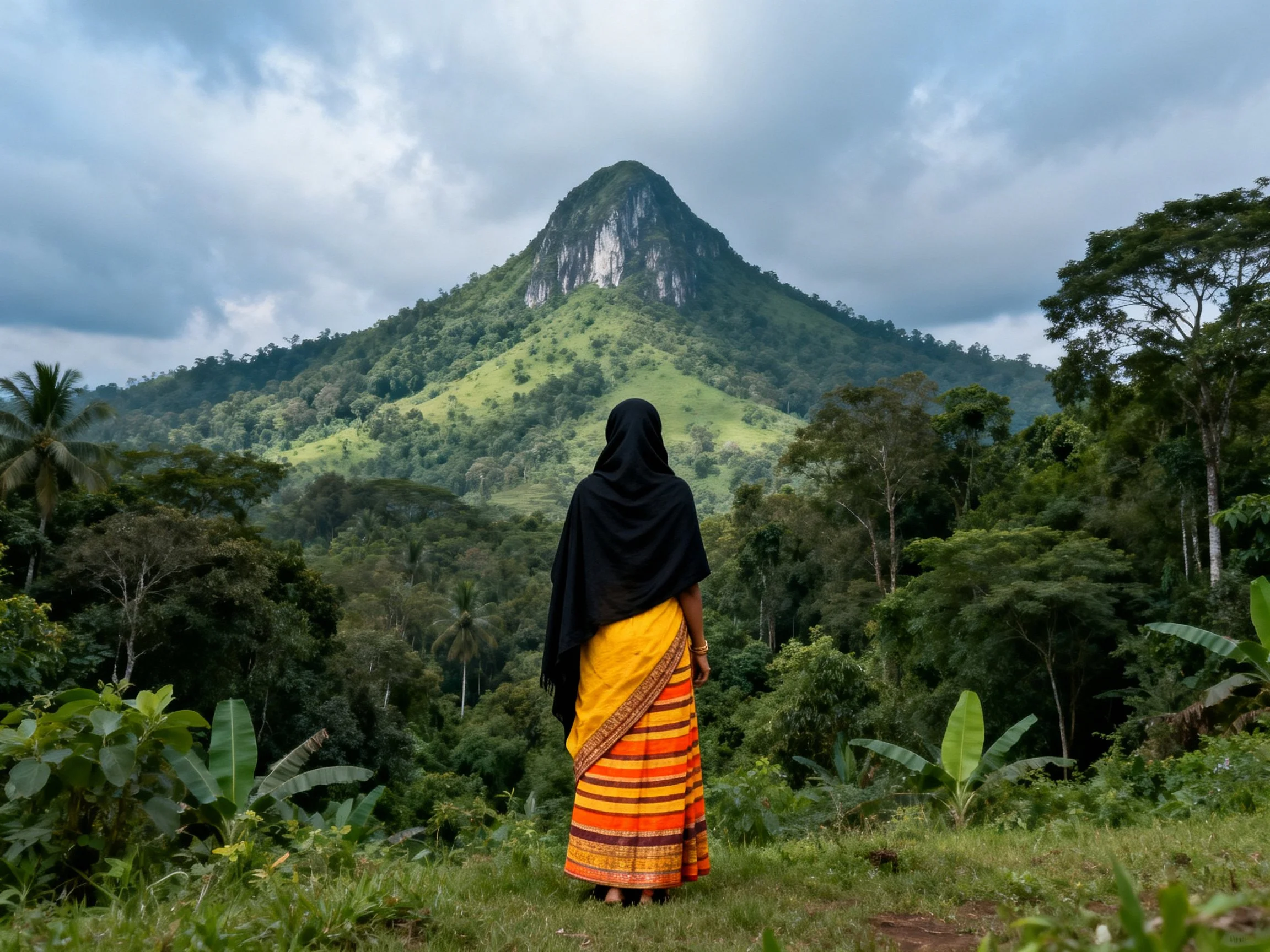 A woman in vibrant yellow-orange dress views a lush green mountain