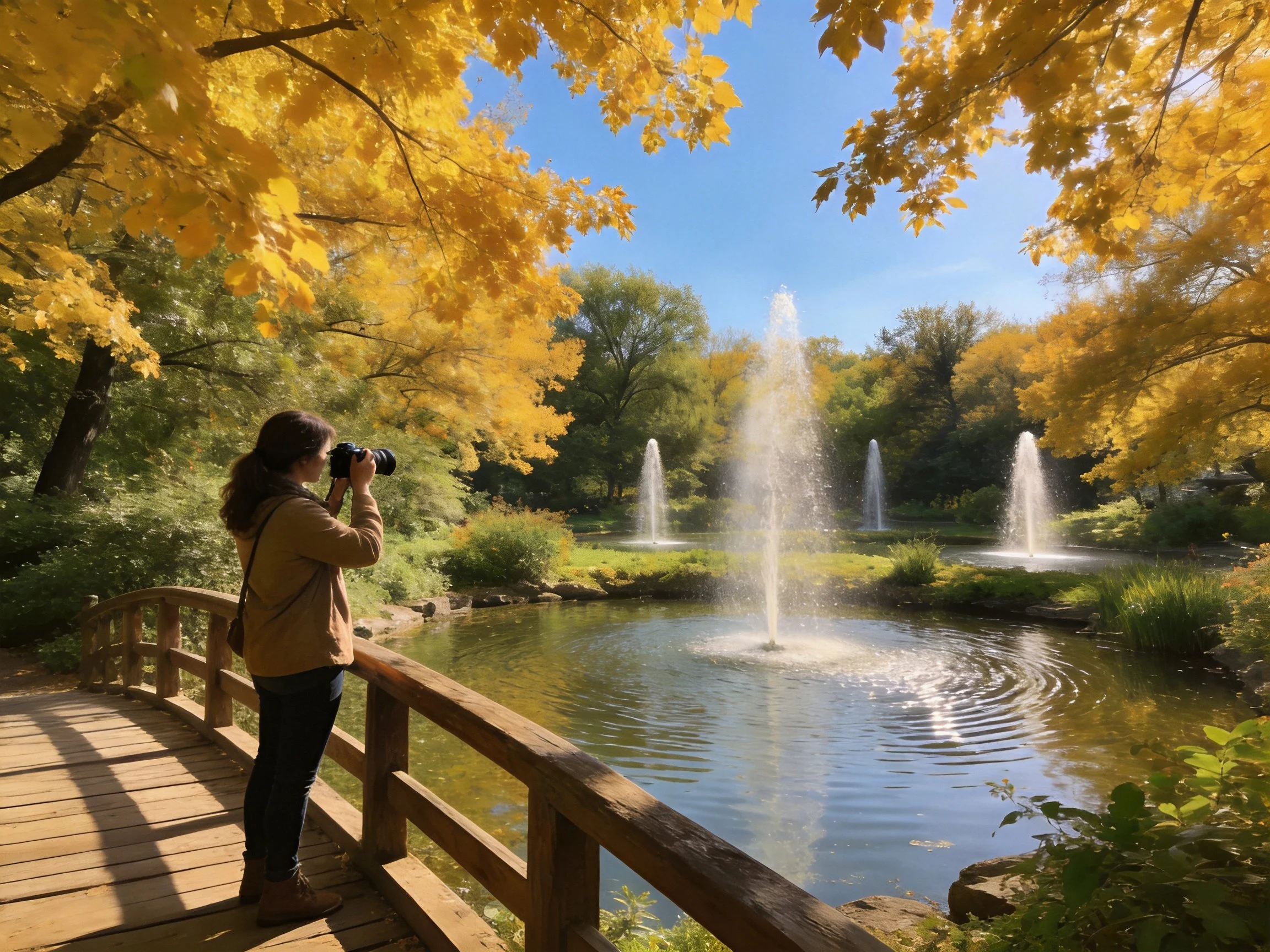 A woman photographs fountains near golden autumn trees