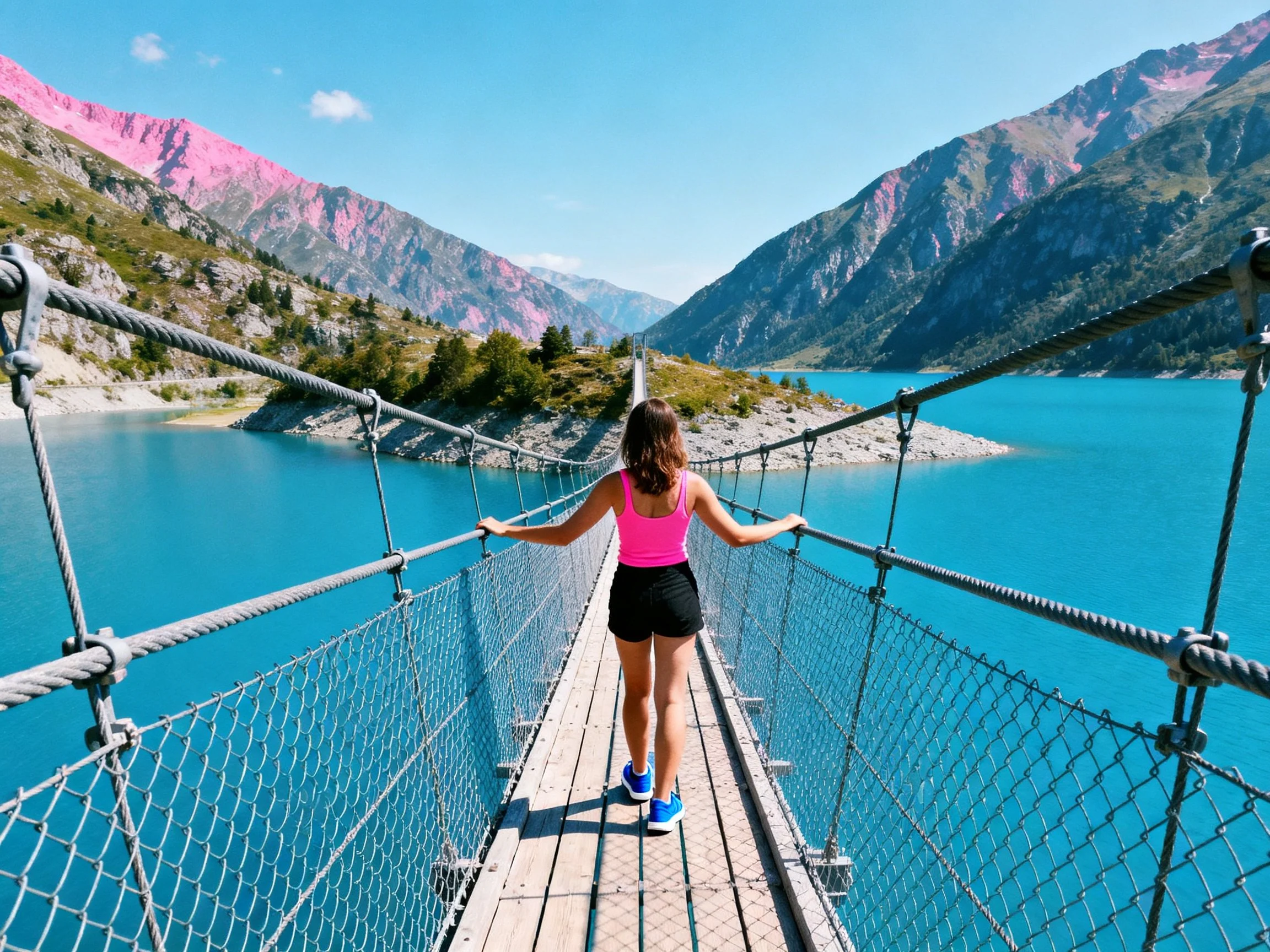 A woman walking on a suspension bridge over turquoise water near pink-hued mountains
