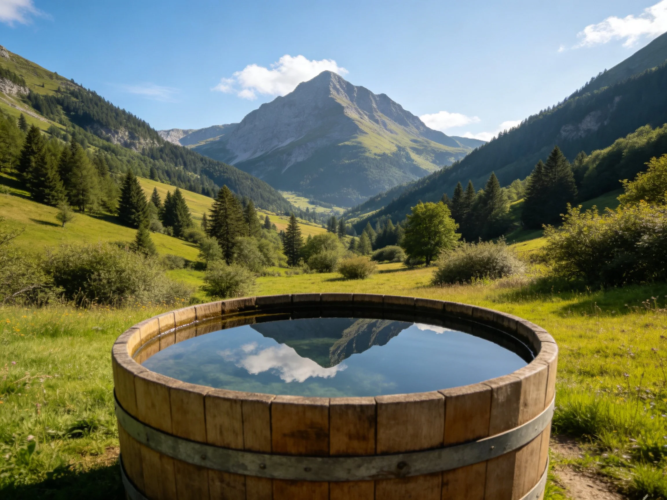 A wooden barrel pool reflects mountain peaks in lush green valley