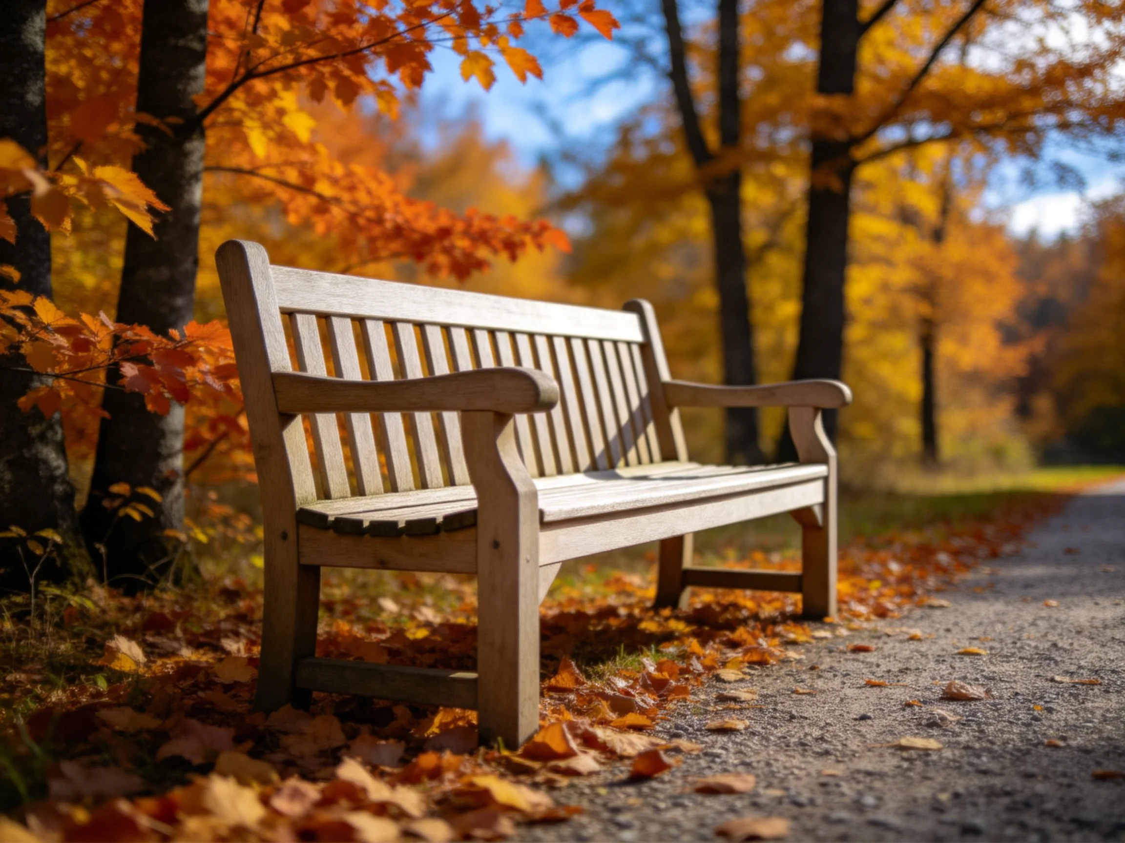 A wooden bench amid vibrant autumn foliage on a leaf-strewn path