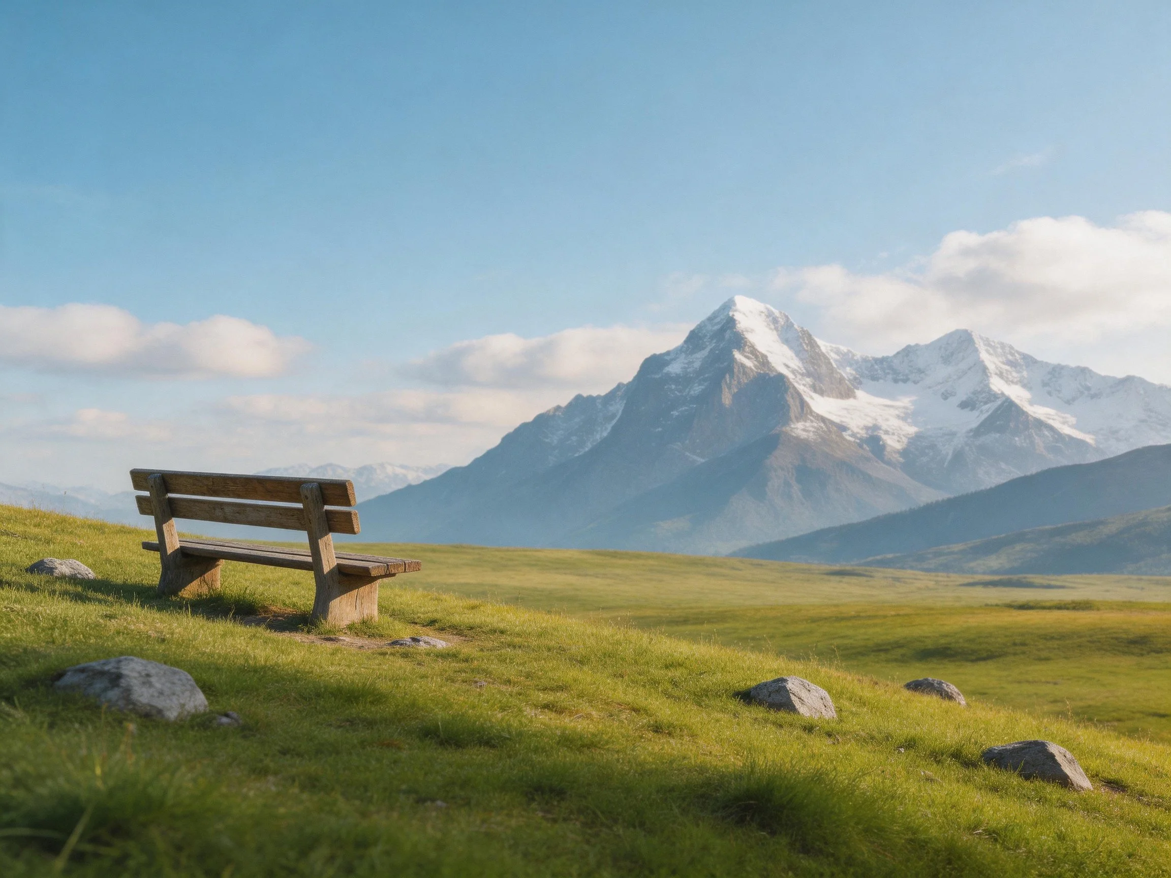 A wooden bench on a lush green meadow near snow-capped mountains