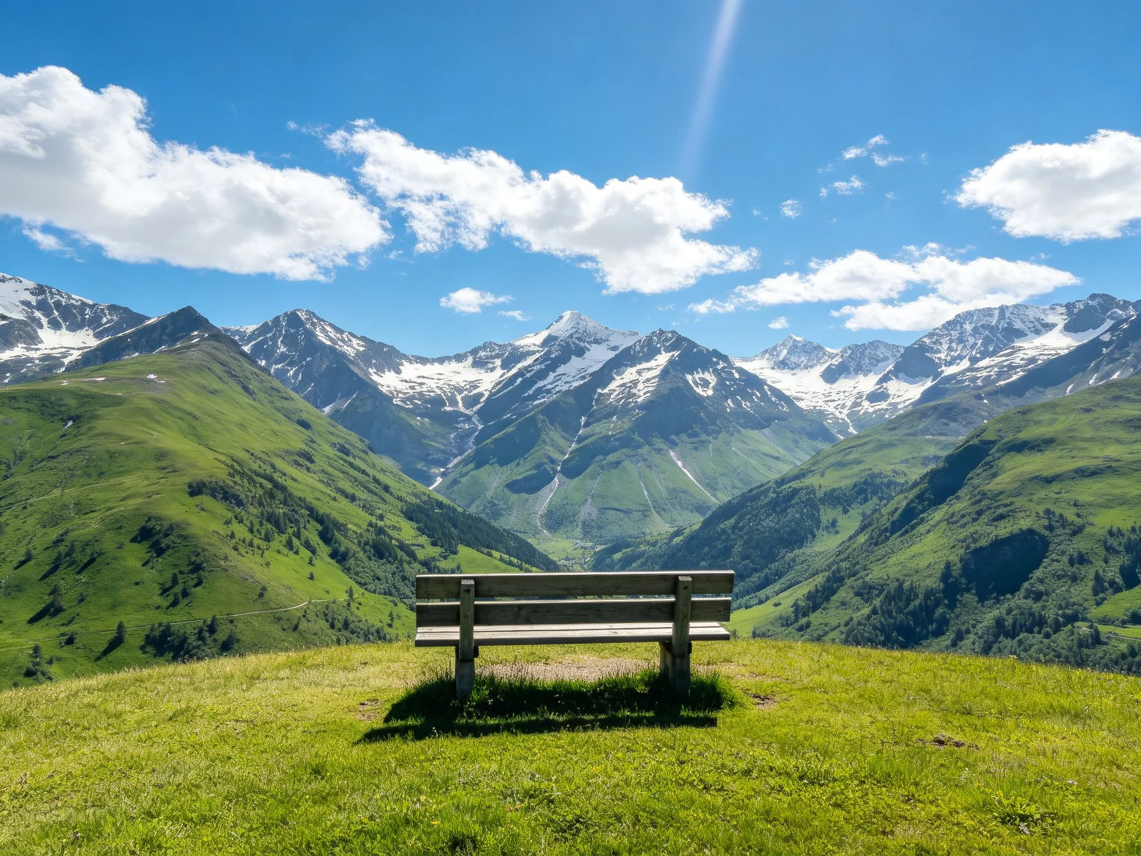 A wooden bench overlooks lush green valleys and snow - capped mountains