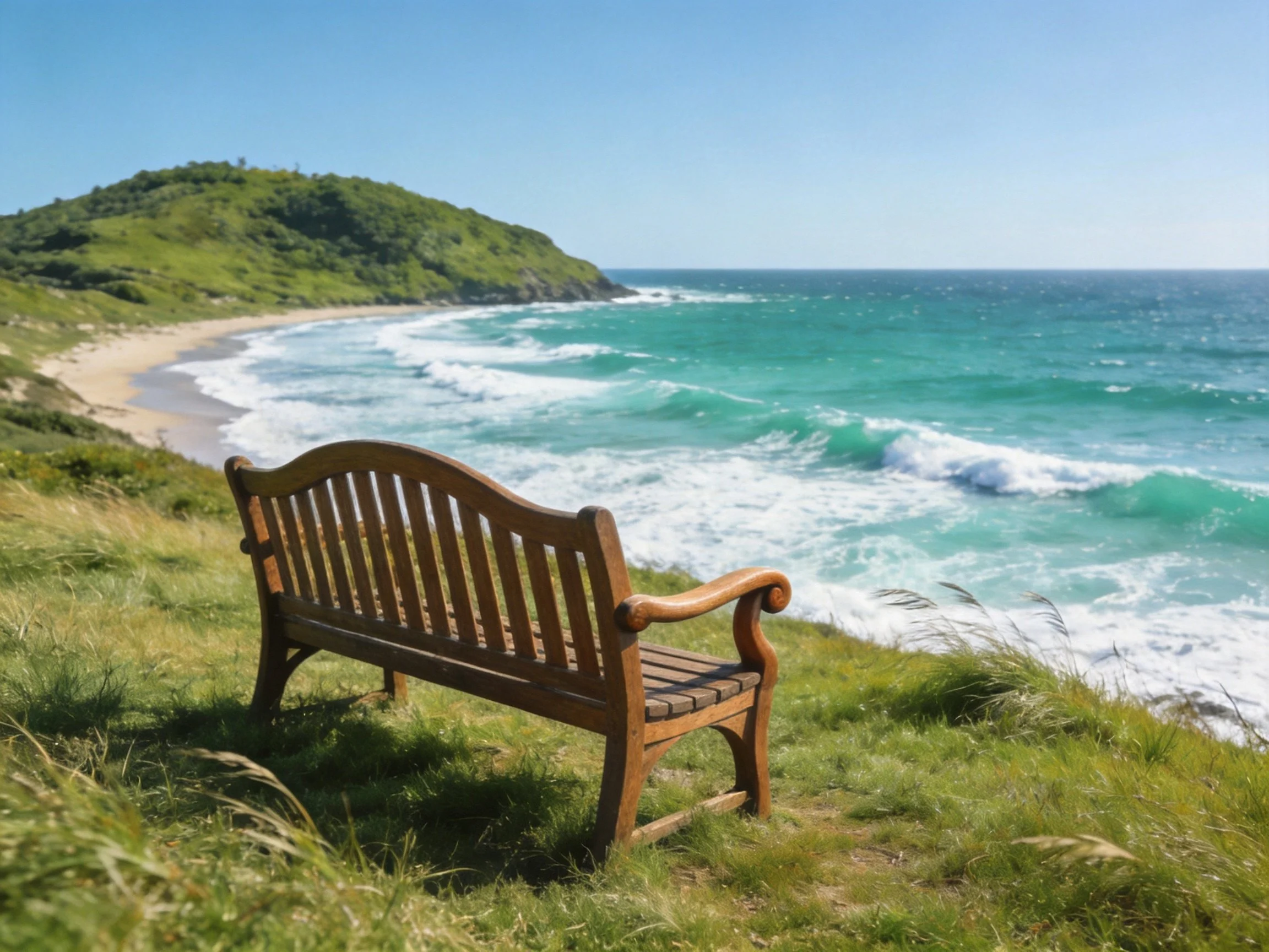 A wooden bench overlooks turquoise waves and a green coastal hill.