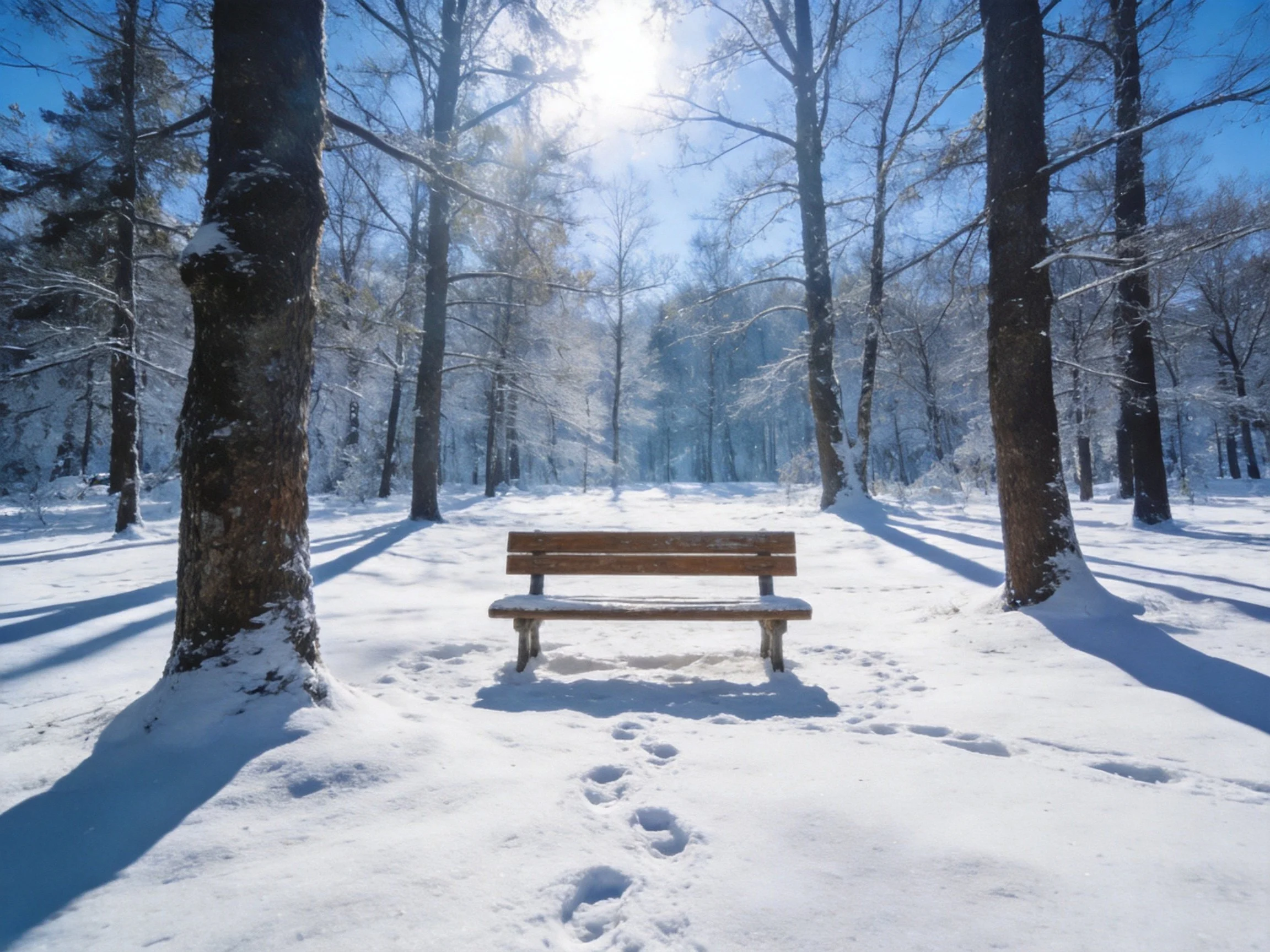 A wooden bench sits amid snow - covered trees under bright winter sunlight