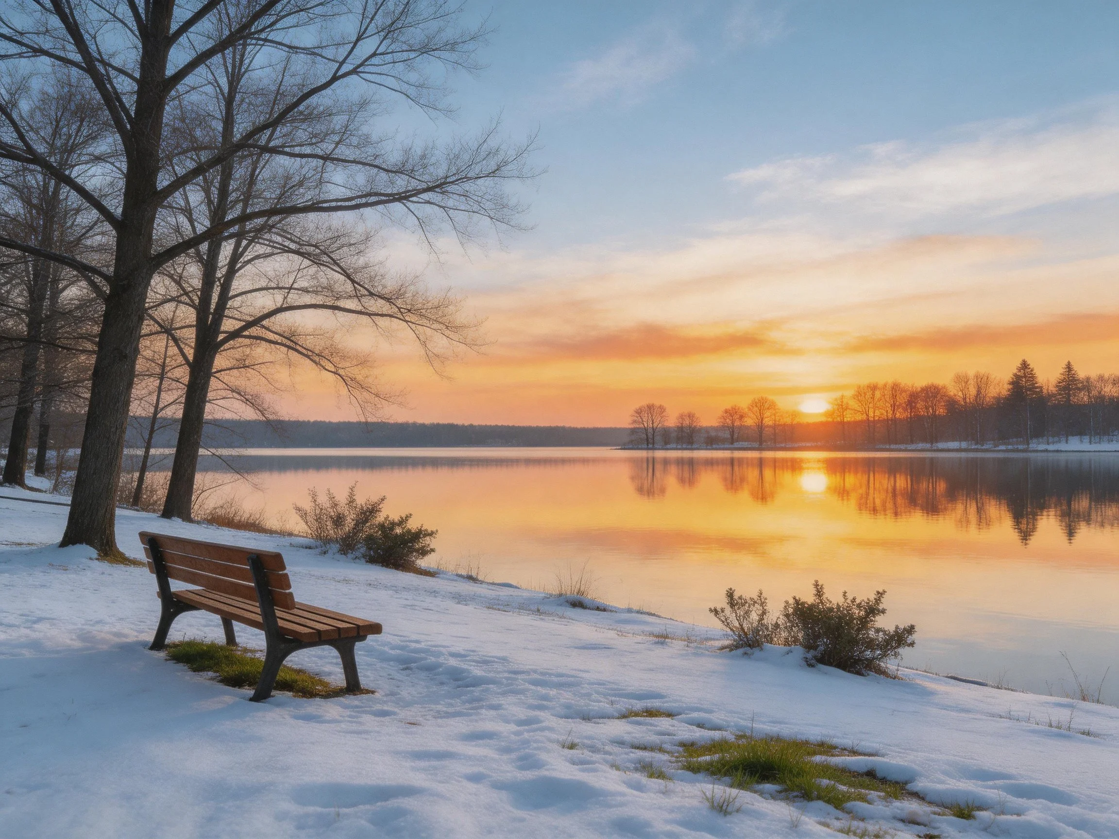A wooden bench sits by a snowy lakeside at golden hour
