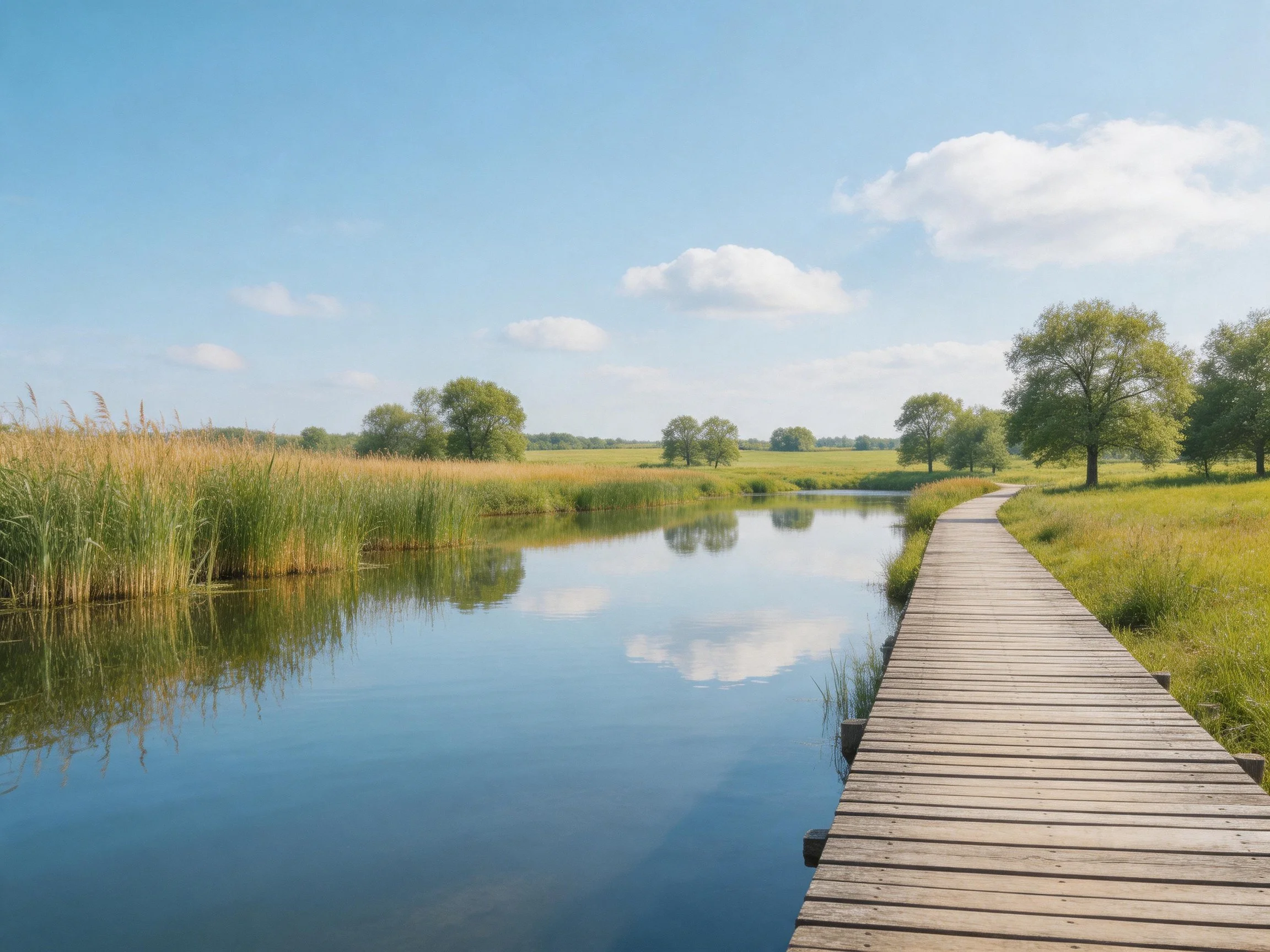 A wooden boardwalk extends over calm waters near lush green fields