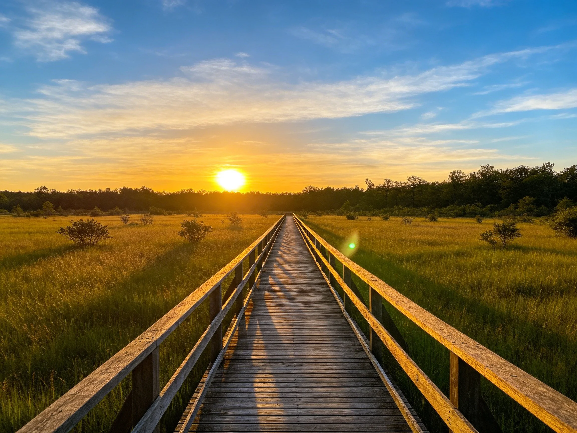 A wooden boardwalk stretches into golden fields at sunset