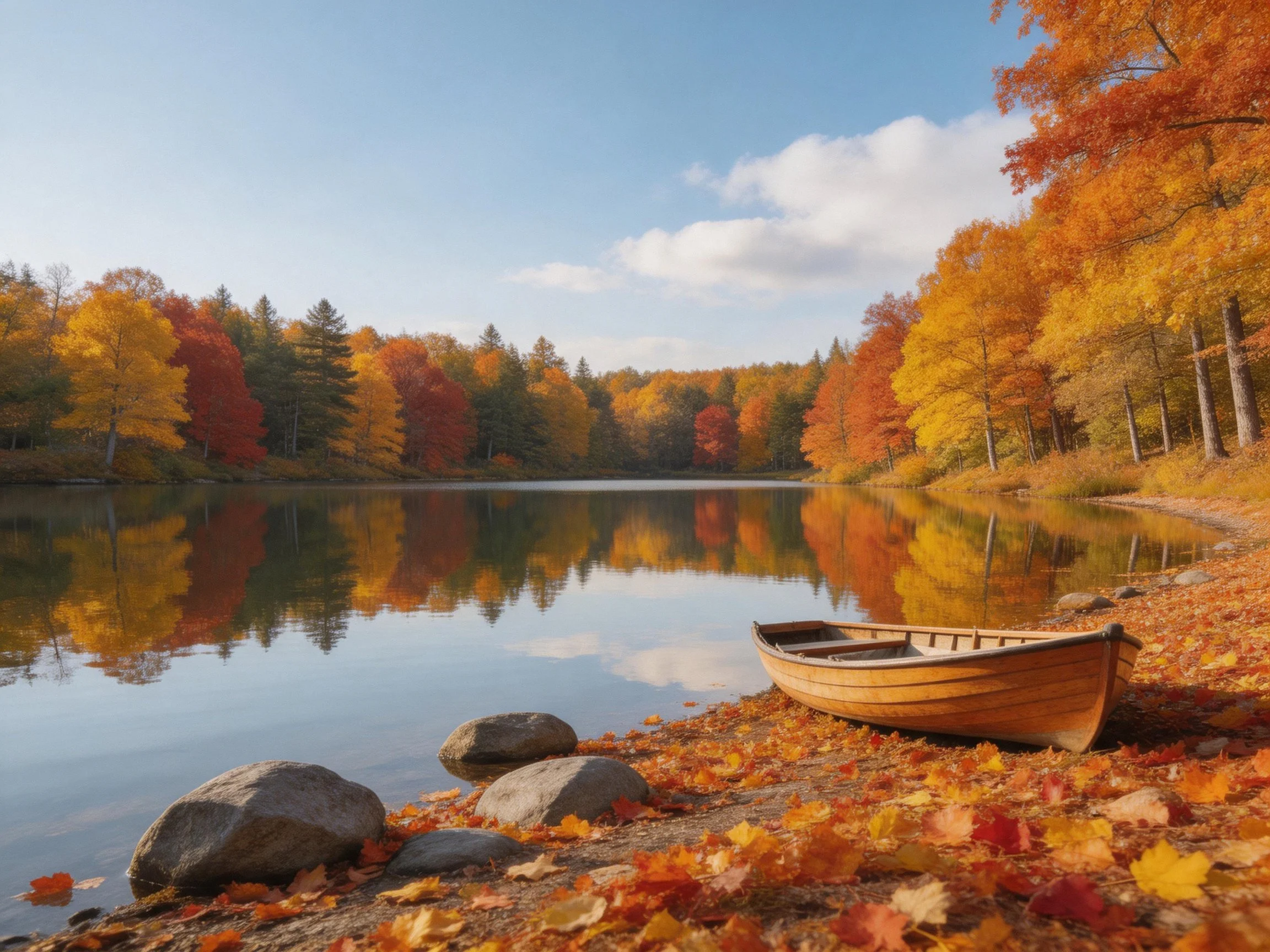 A wooden boat rests by a calm lake amid vibrant fall foliage.