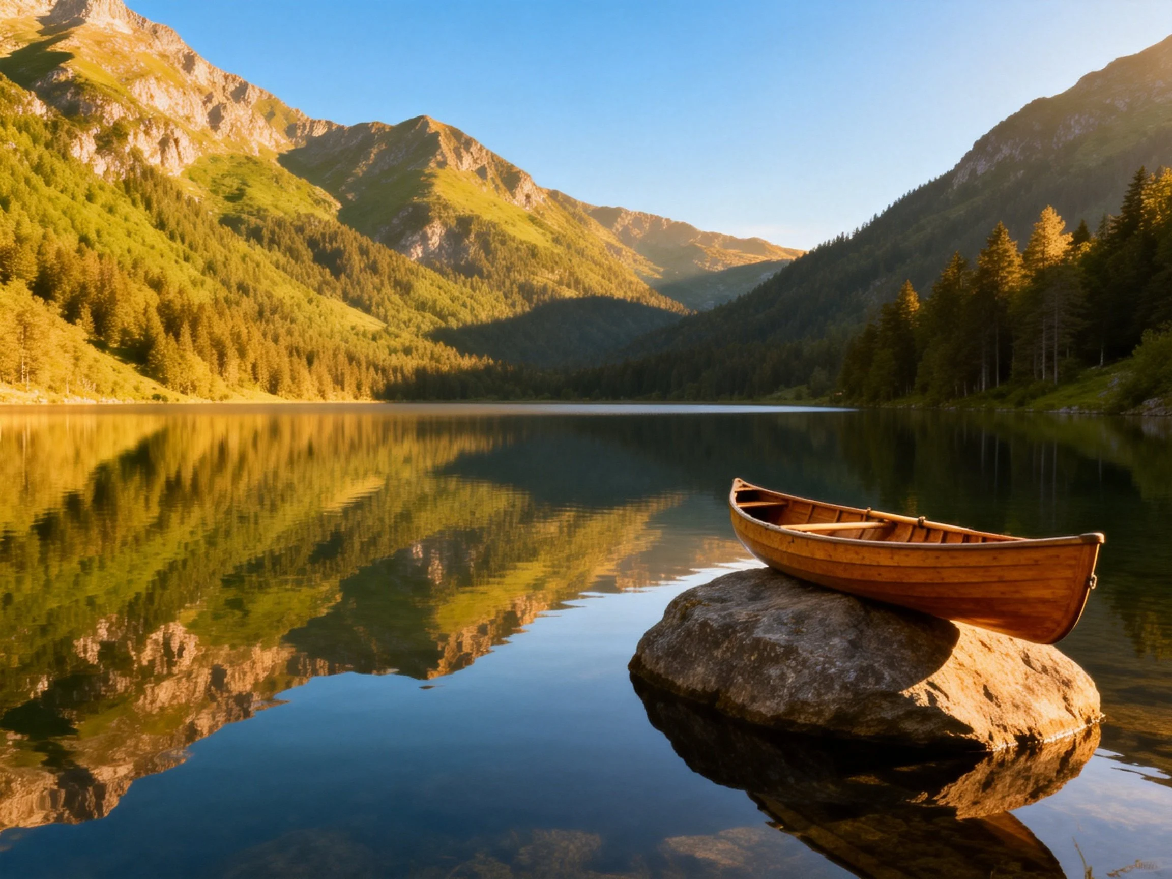 A wooden boat rests on a rock by a mountain lake with reflective waters