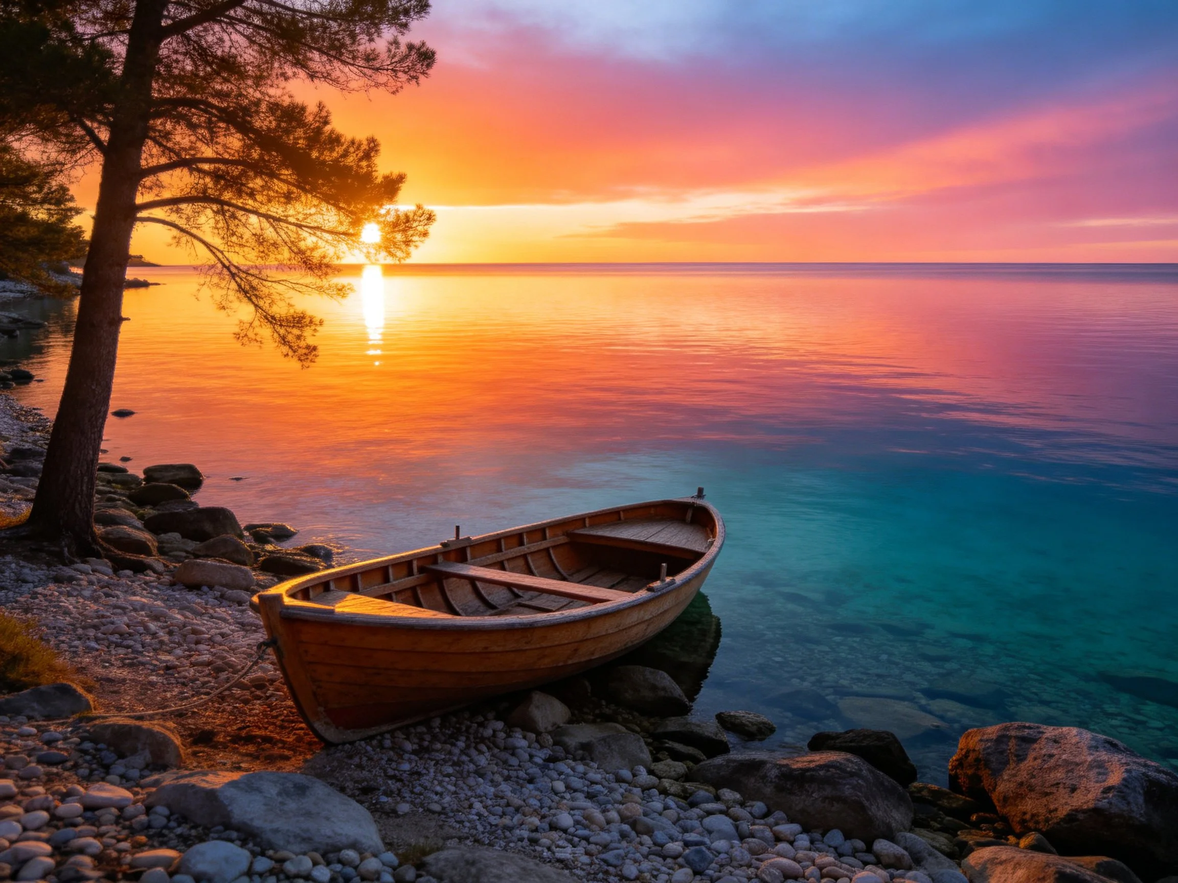 A wooden boat rests on a rocky shore beneath a vibrant sunset sky