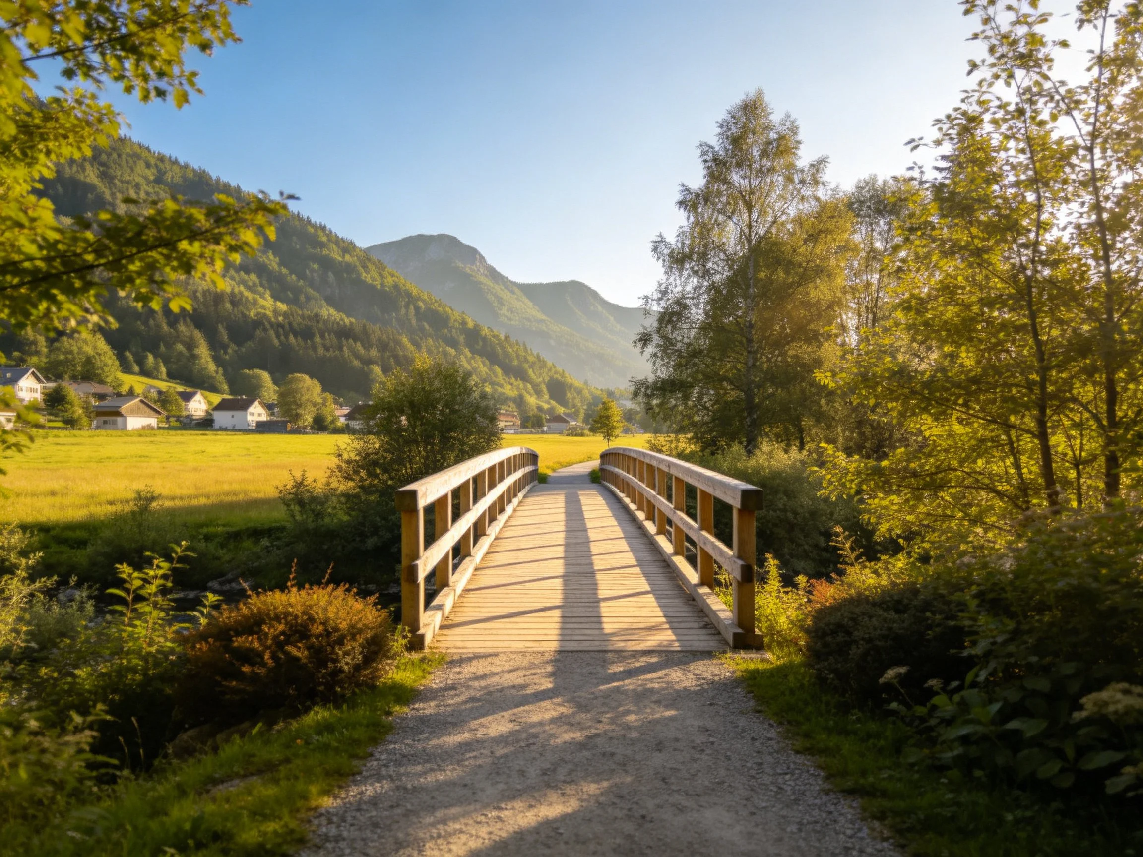 A wooden bridge spans a gravel path near lush green fields and mountains