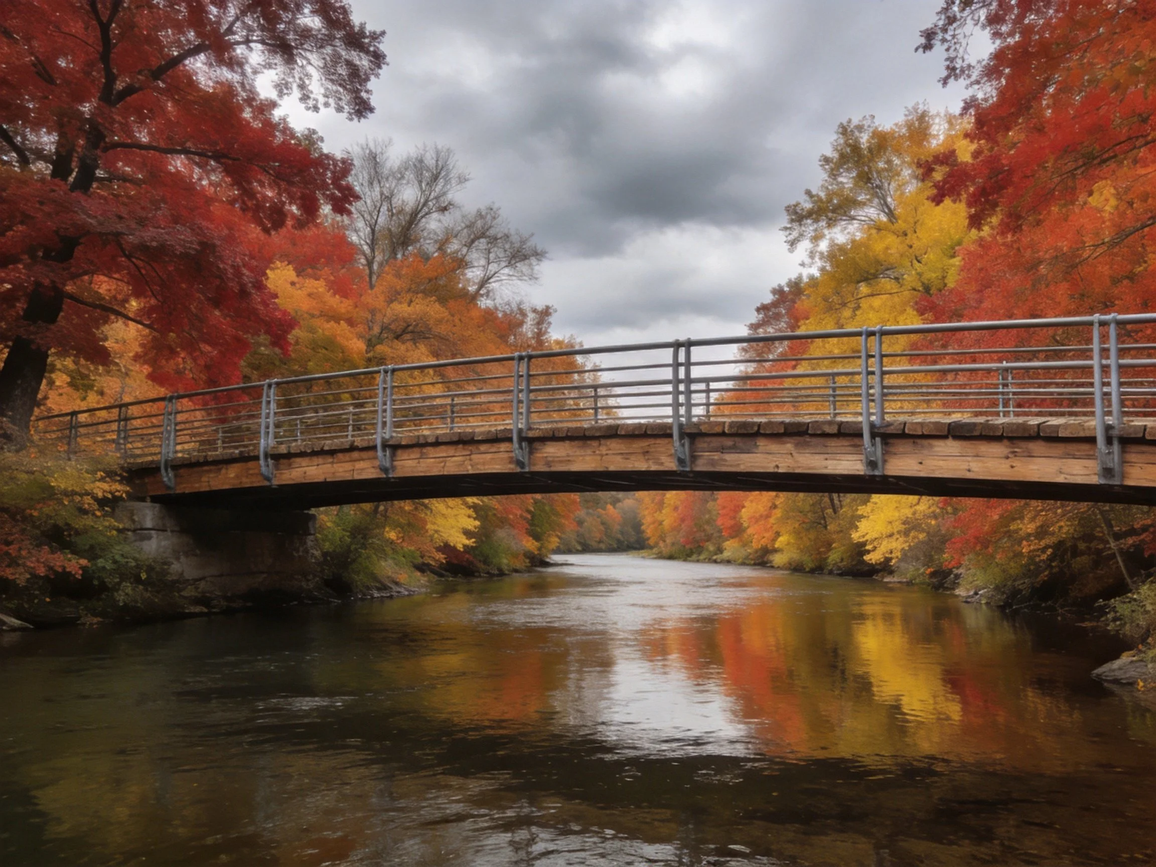 A wooden bridge spans a vibrant fall landscape over a calm river
