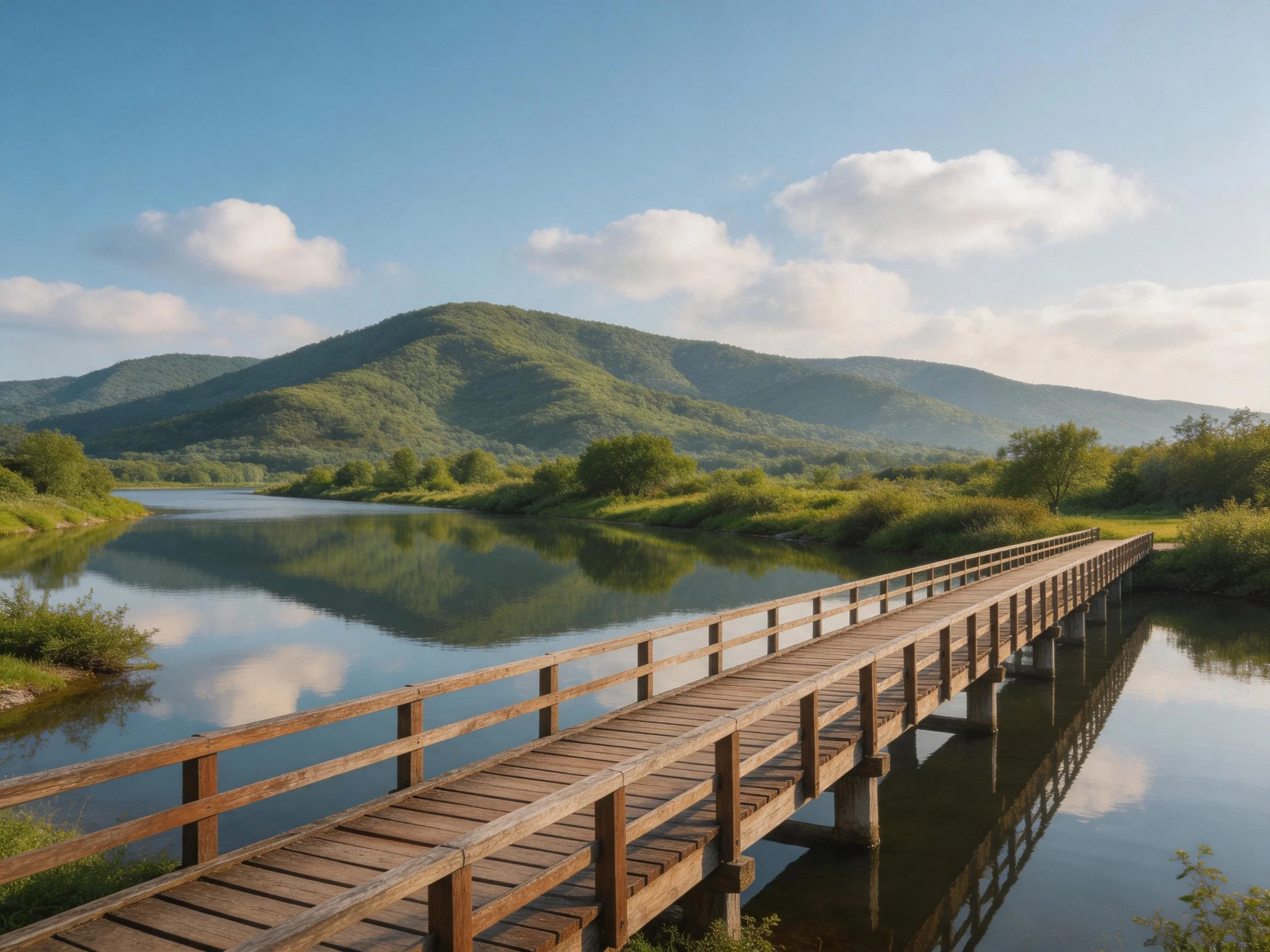 A wooden bridge spans calm waters near lush green hills