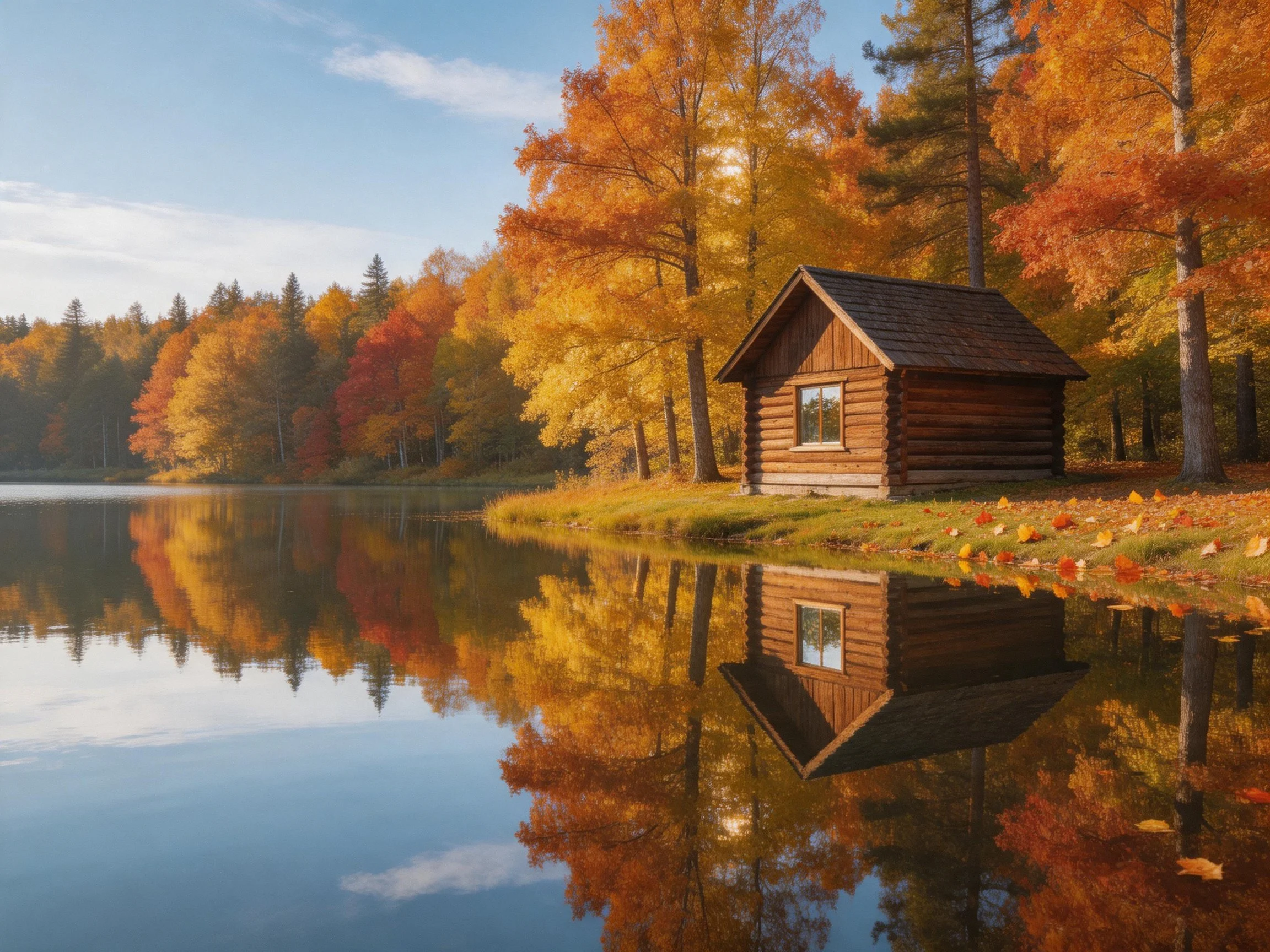 A wooden cabin beside a calm lake with golden fall foliage