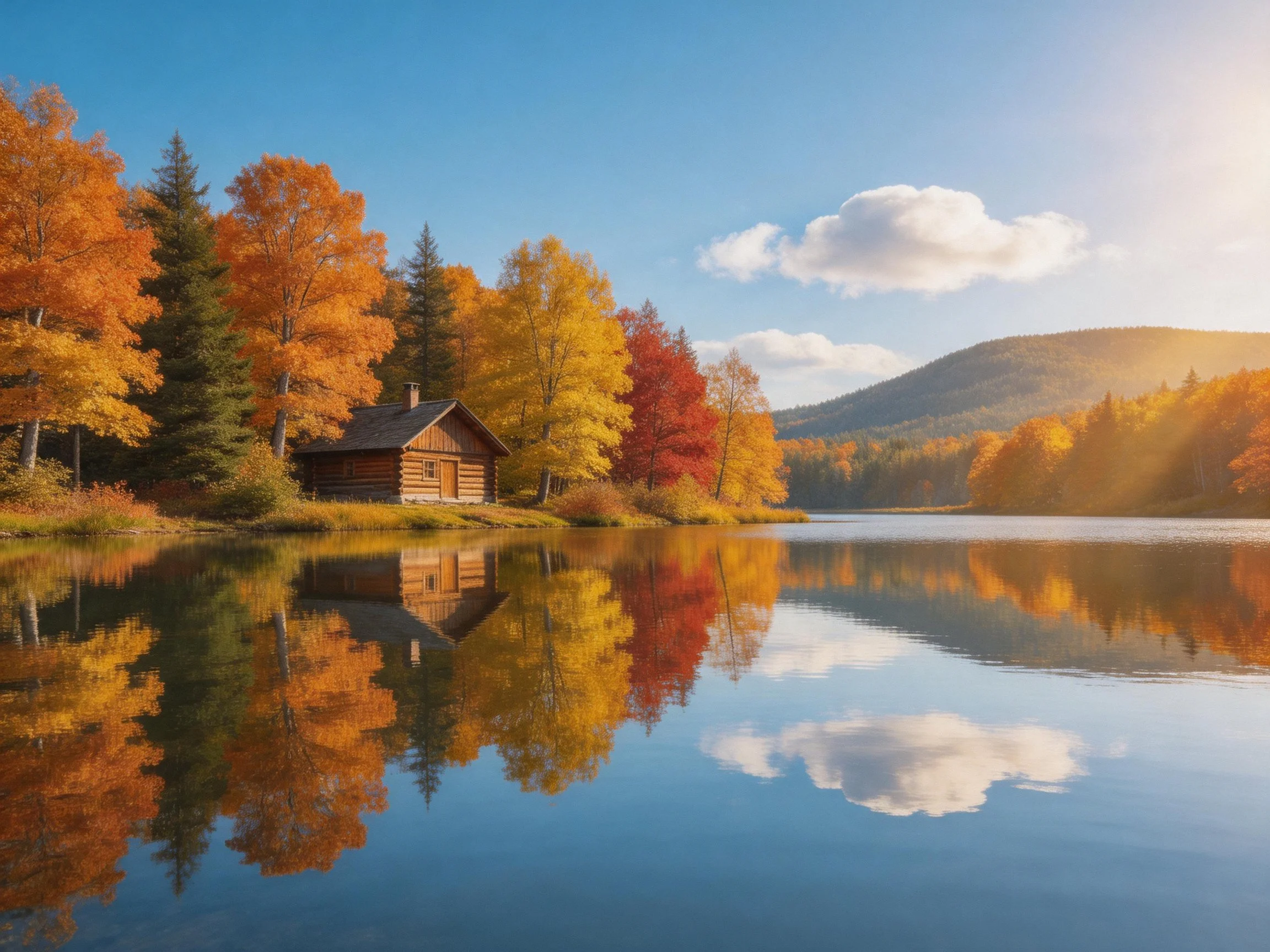 A wooden cabin beside a calm lake with vibrant fall foliage
