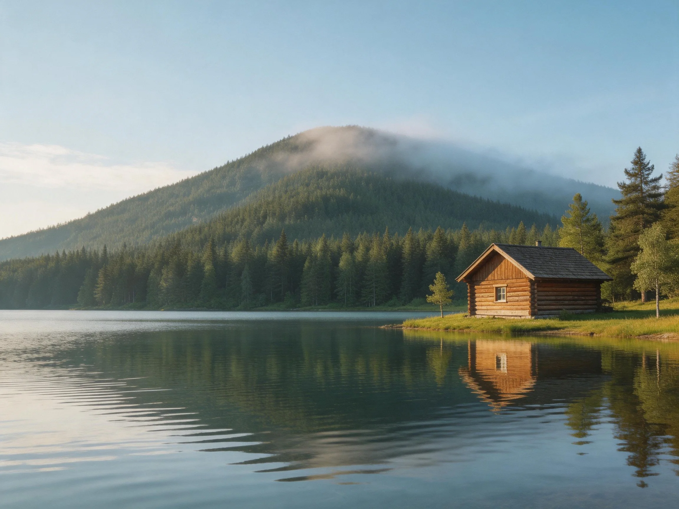 A wooden cabin by a calm lake near a misty forested mountain
