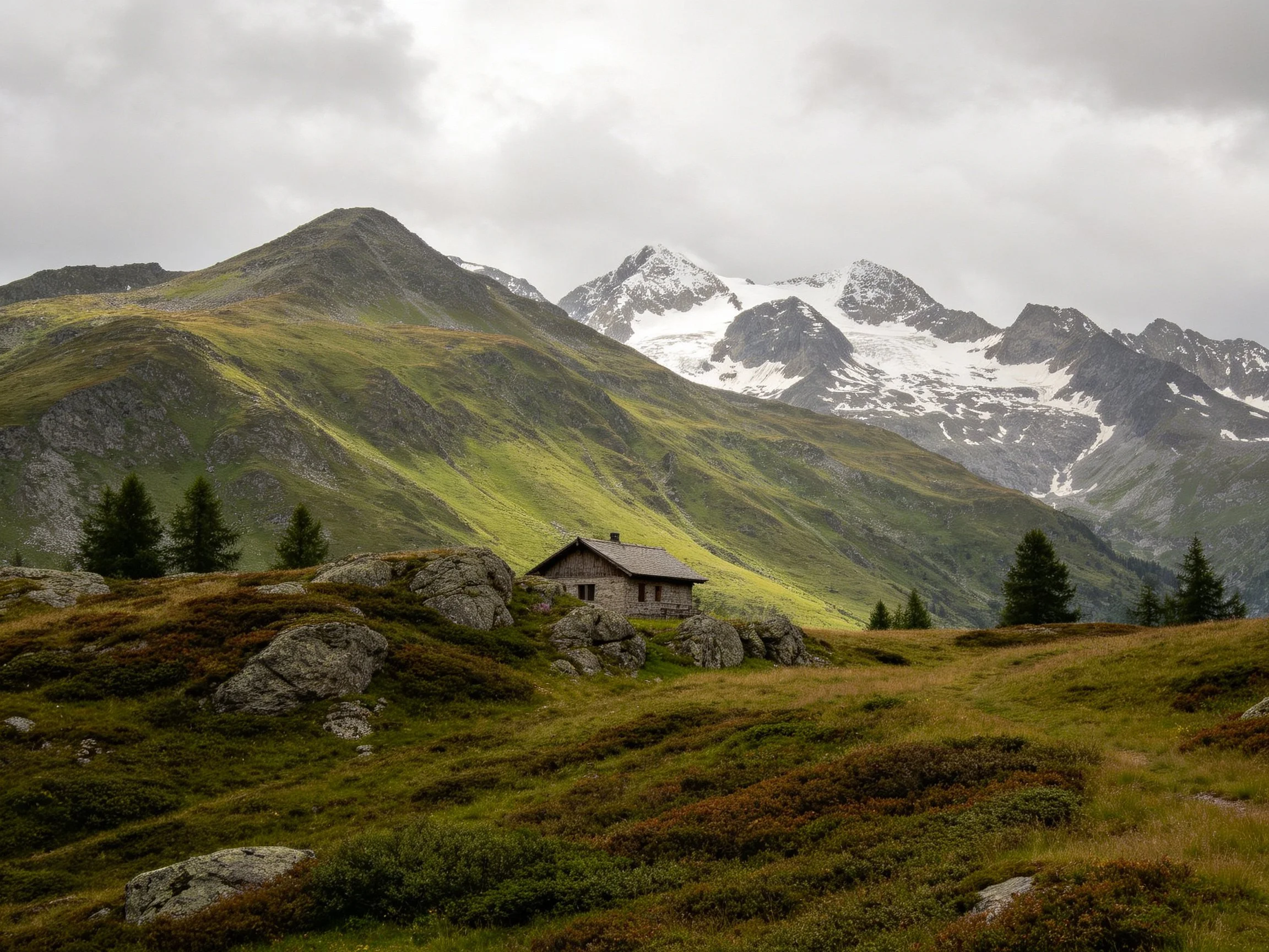 A wooden cabin near rocky terrain with snow-capped mountains