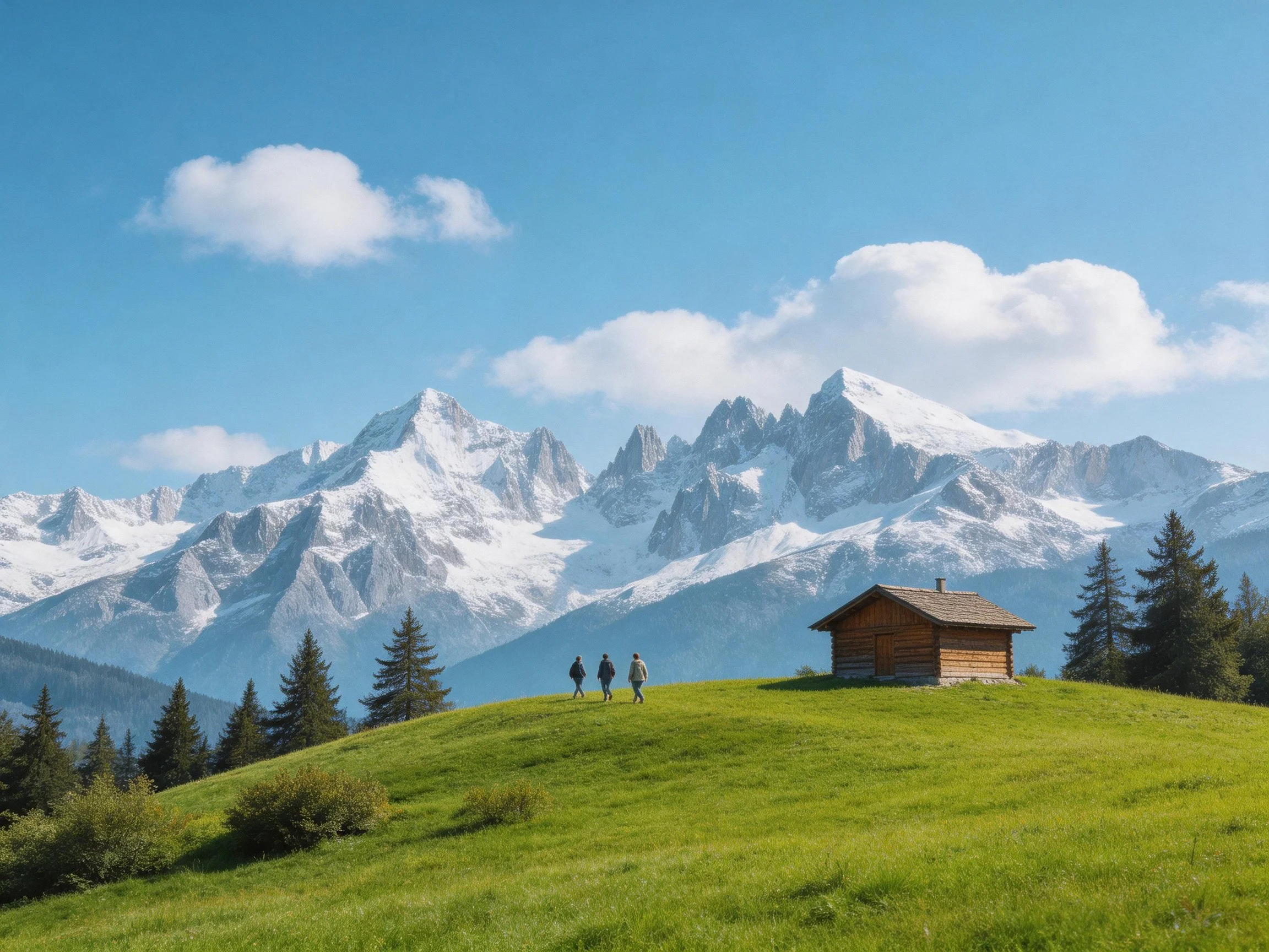 A wooden cabin on a lush green hillside with snow-capped mountains