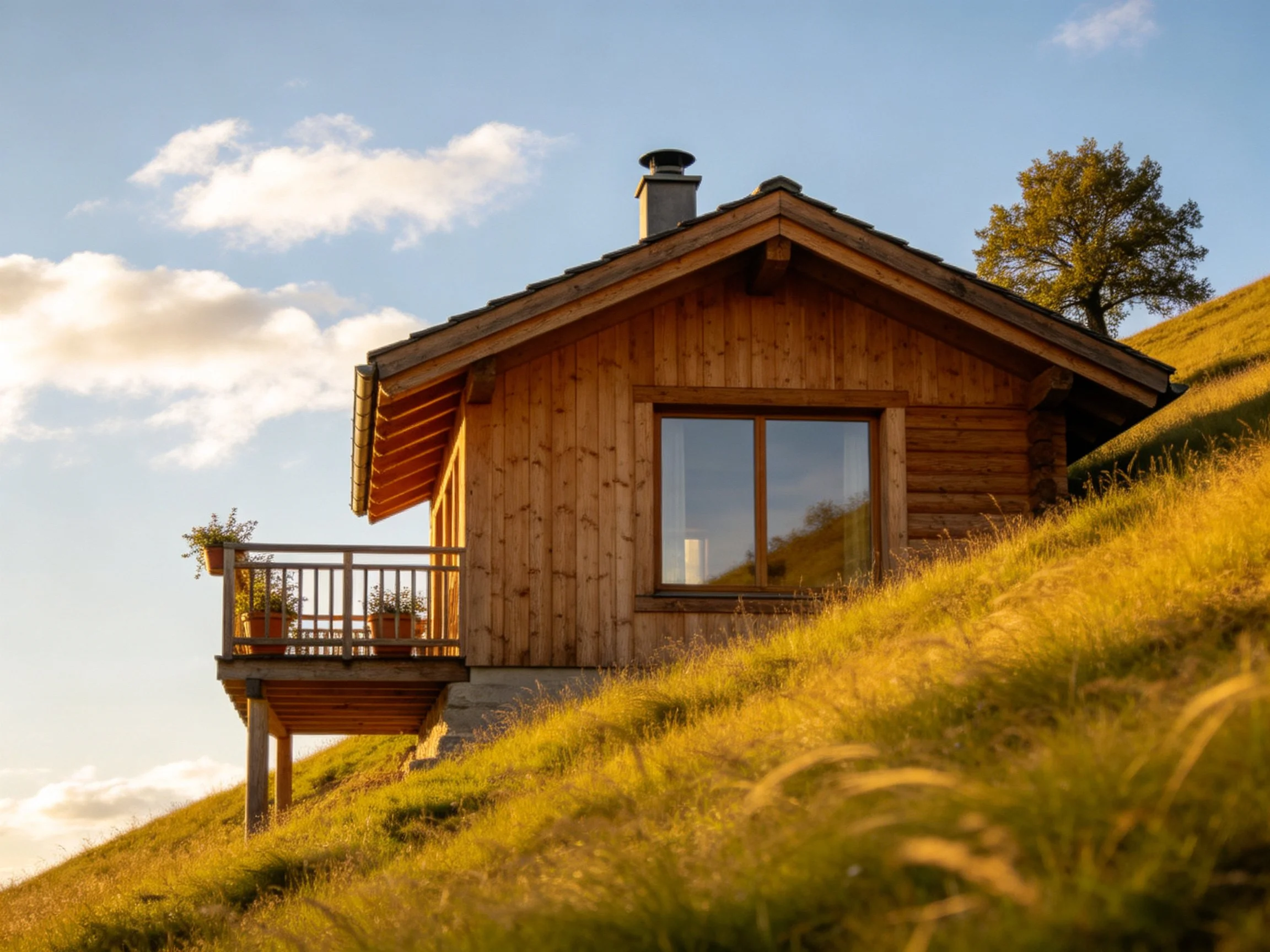 A wooden cabin sits atop a golden grassy slope under clear skies