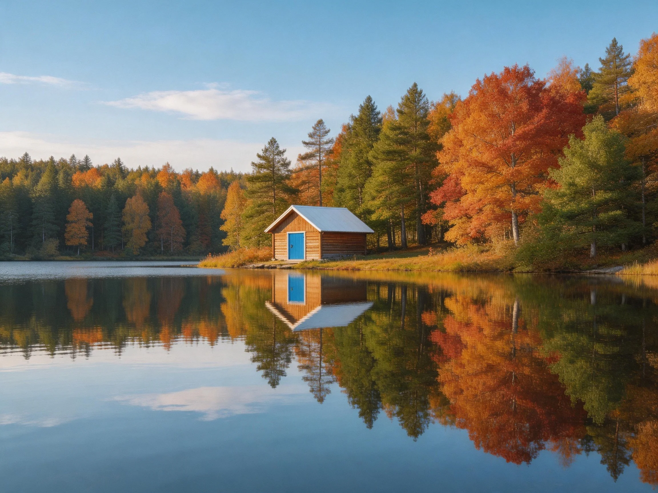 A wooden cabin with blue door beside calm autumn lake reflecting colorful trees