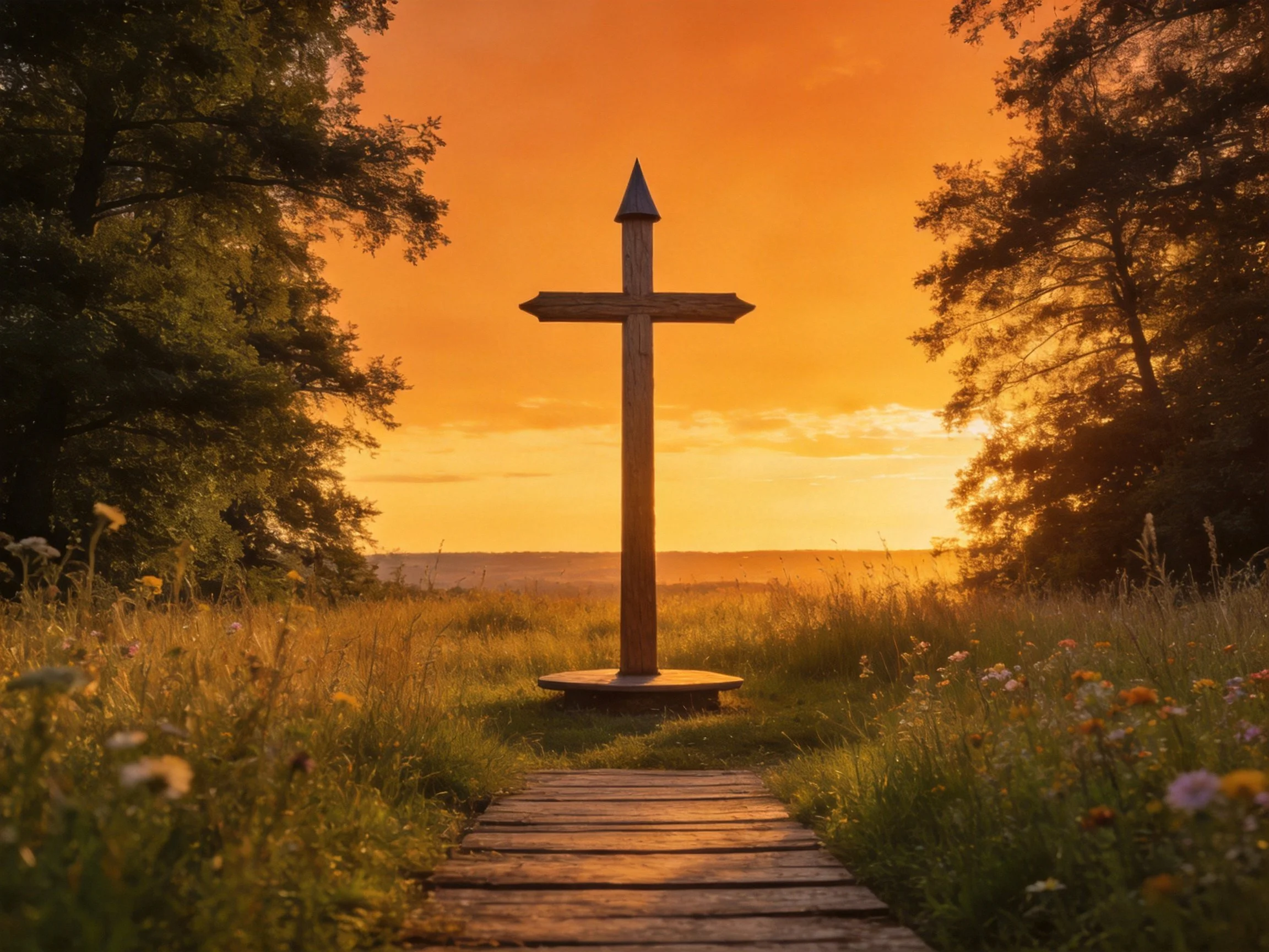 A wooden cross stands in a golden field at sunset