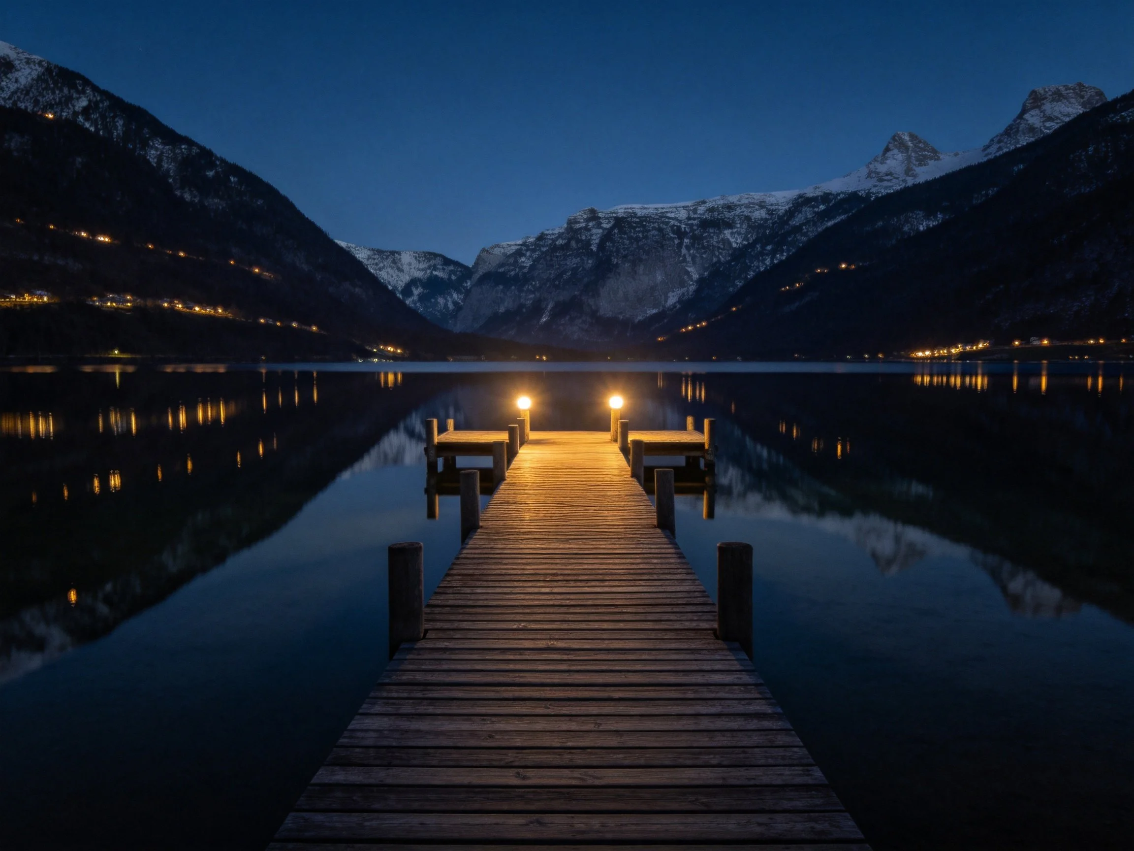 A wooden dock extends over a calm lake at night with mountain reflections