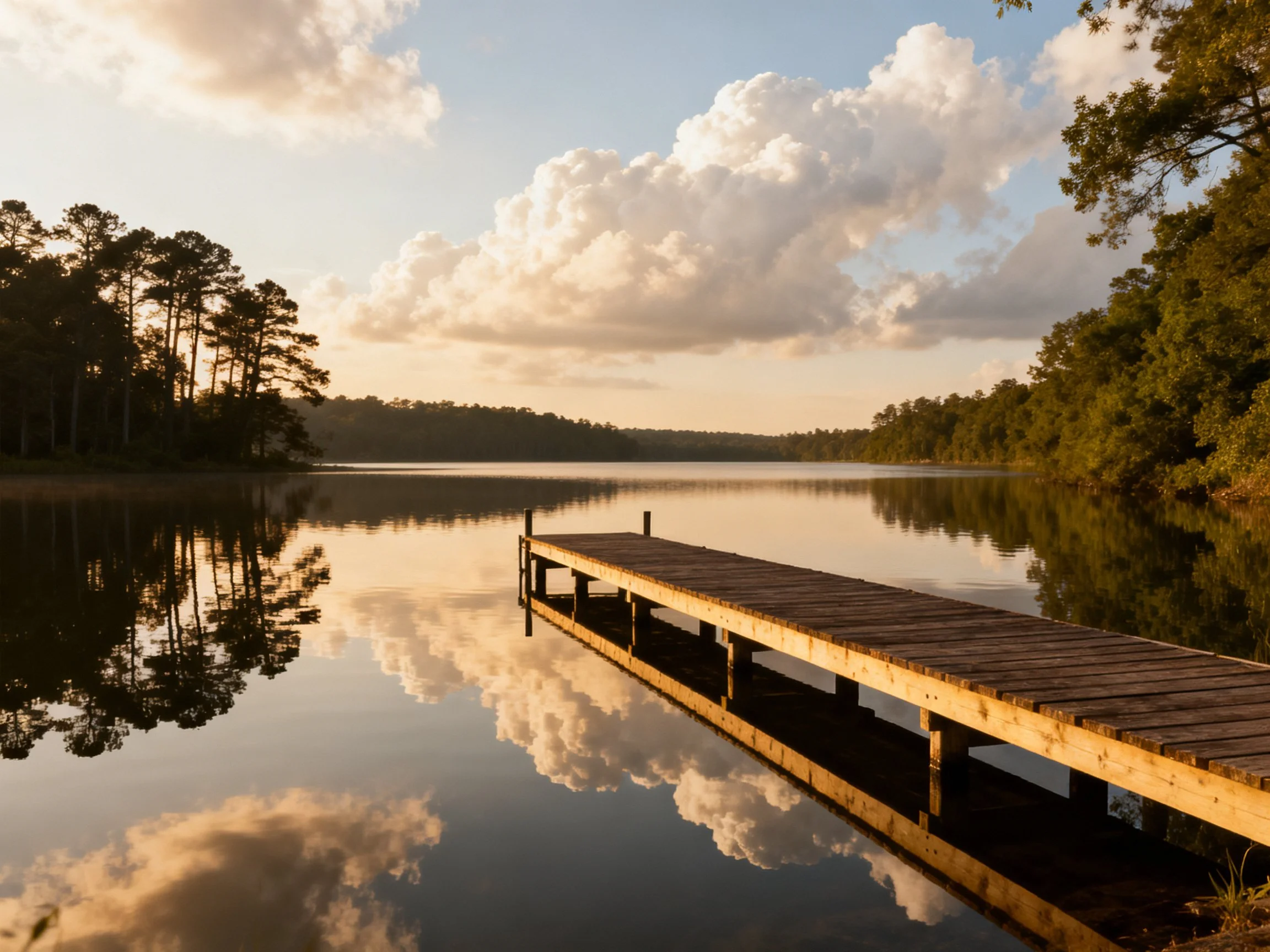 A wooden dock extends over calm lake waters reflecting clouds and forests