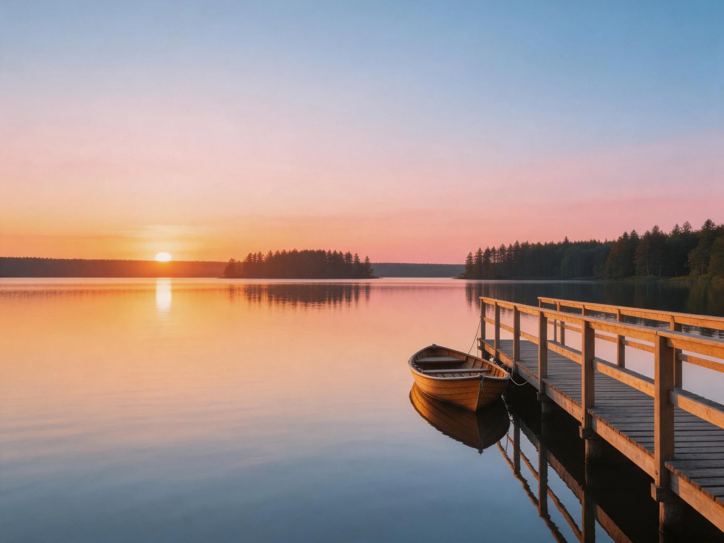 A wooden dock with a boat near a calm lake at sunset