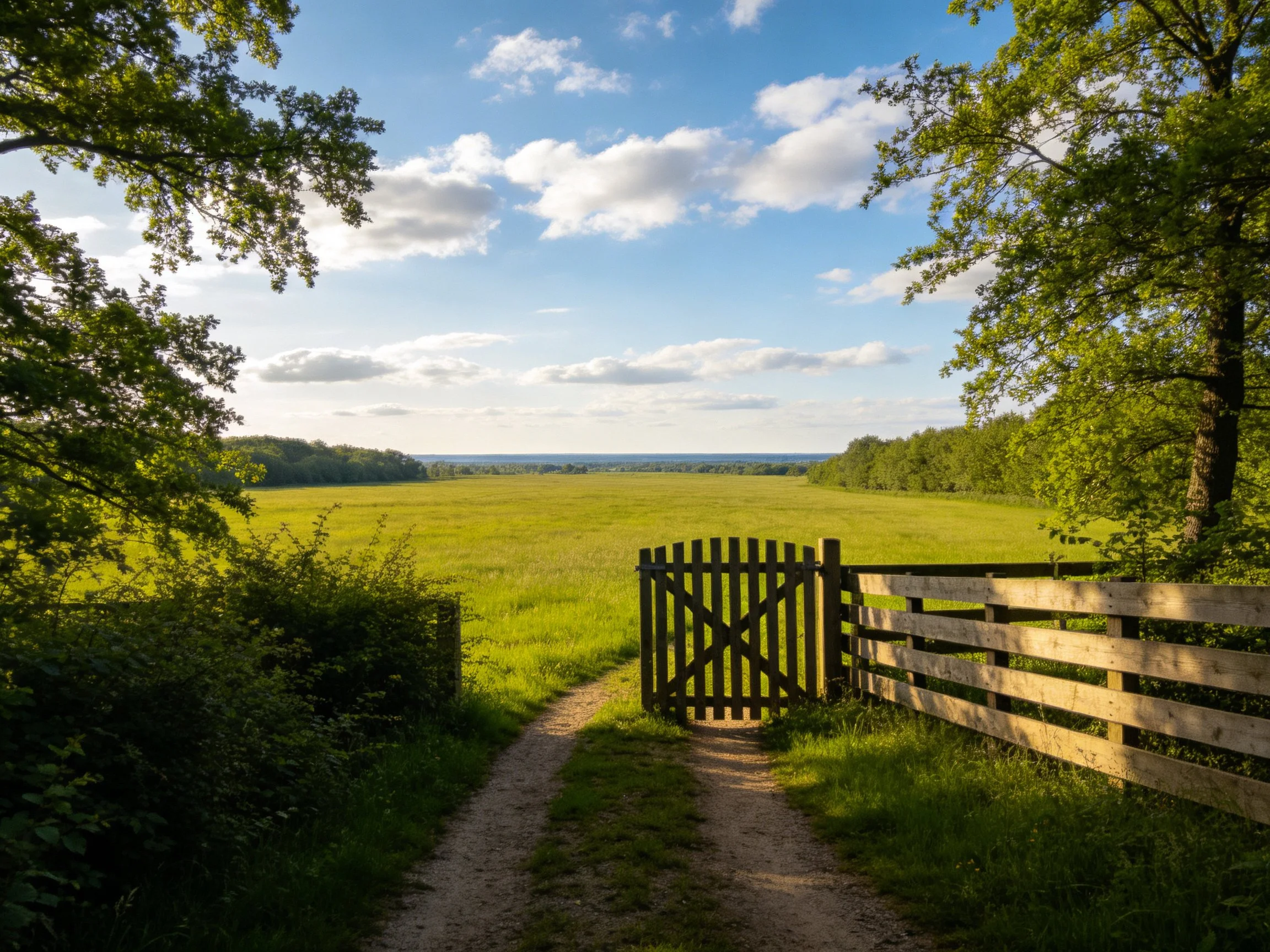 A wooden gate blocks dirt path into green meadow