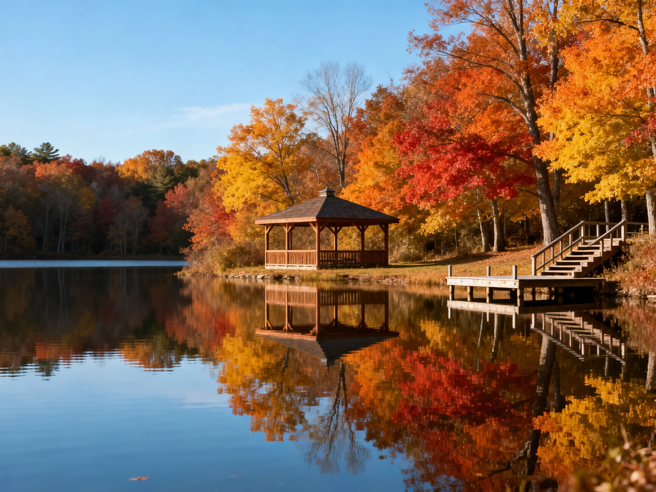 A wooden gazebo near a calm lake with vibrant fall foliage