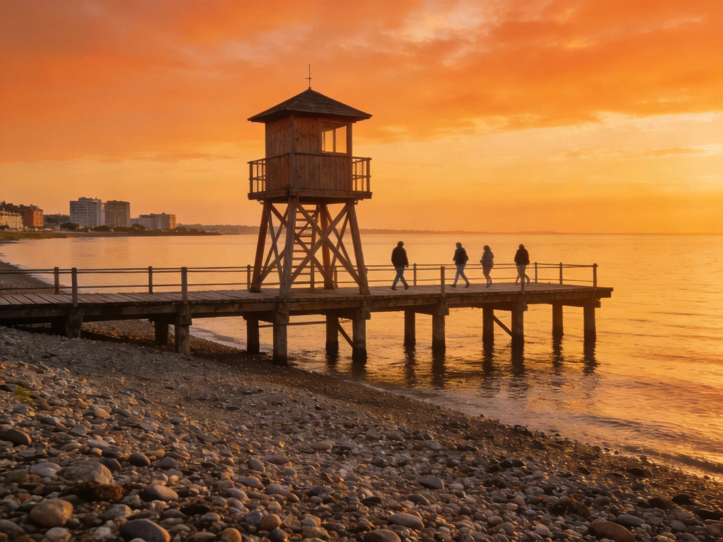 A wooden lifeguard tower overlooks a rocky shoreline at sunset