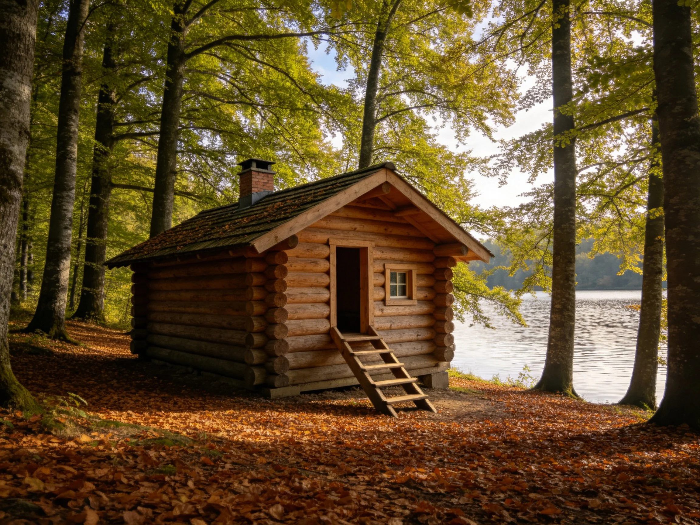 A wooden log cabin nestled among autumn trees by a calm lake