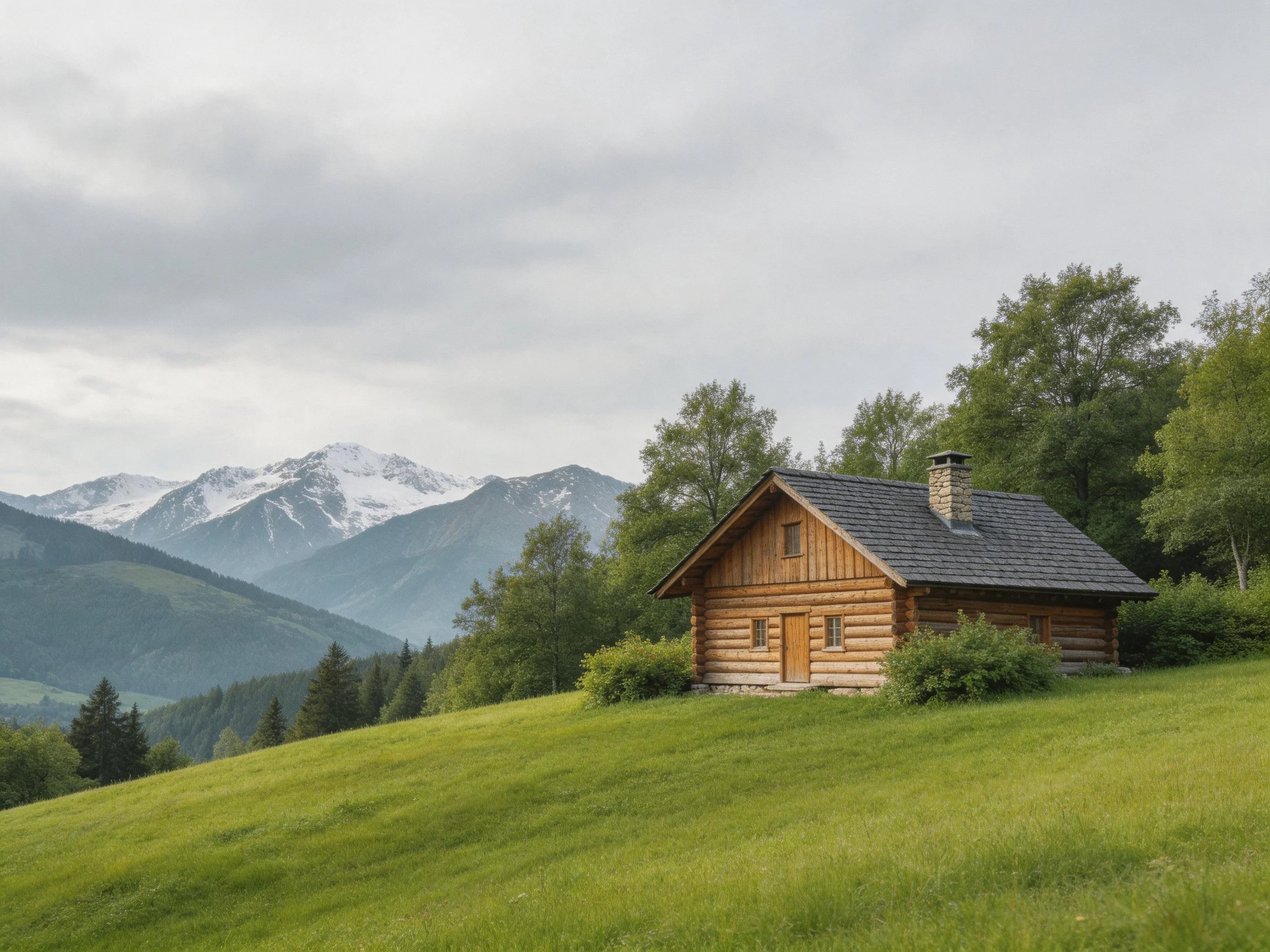 A wooden log cabin sits on a lush green hillside near snow-capped mountains