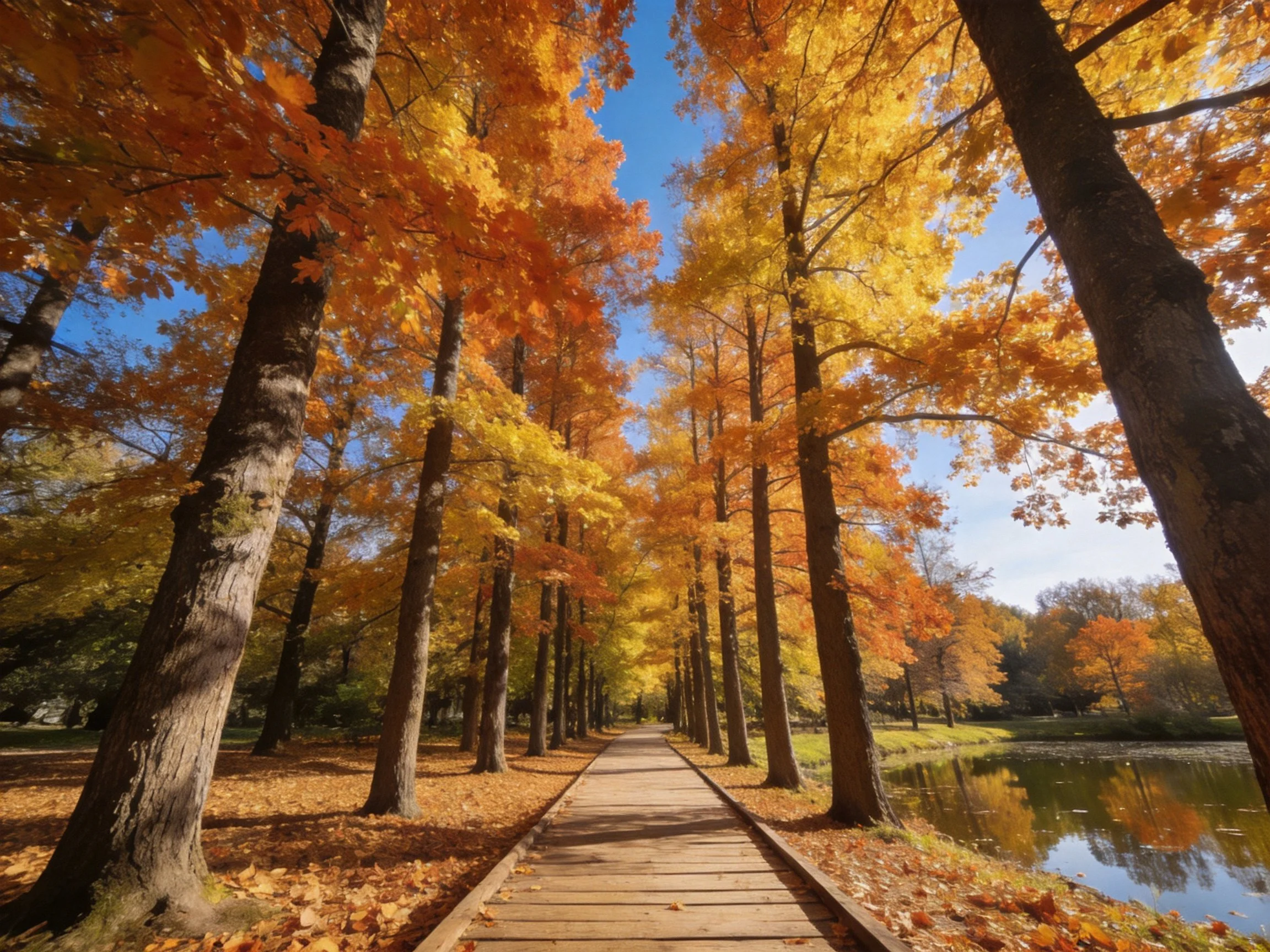 A wooden path flanked by tall autumn trees in golden-orange foliage