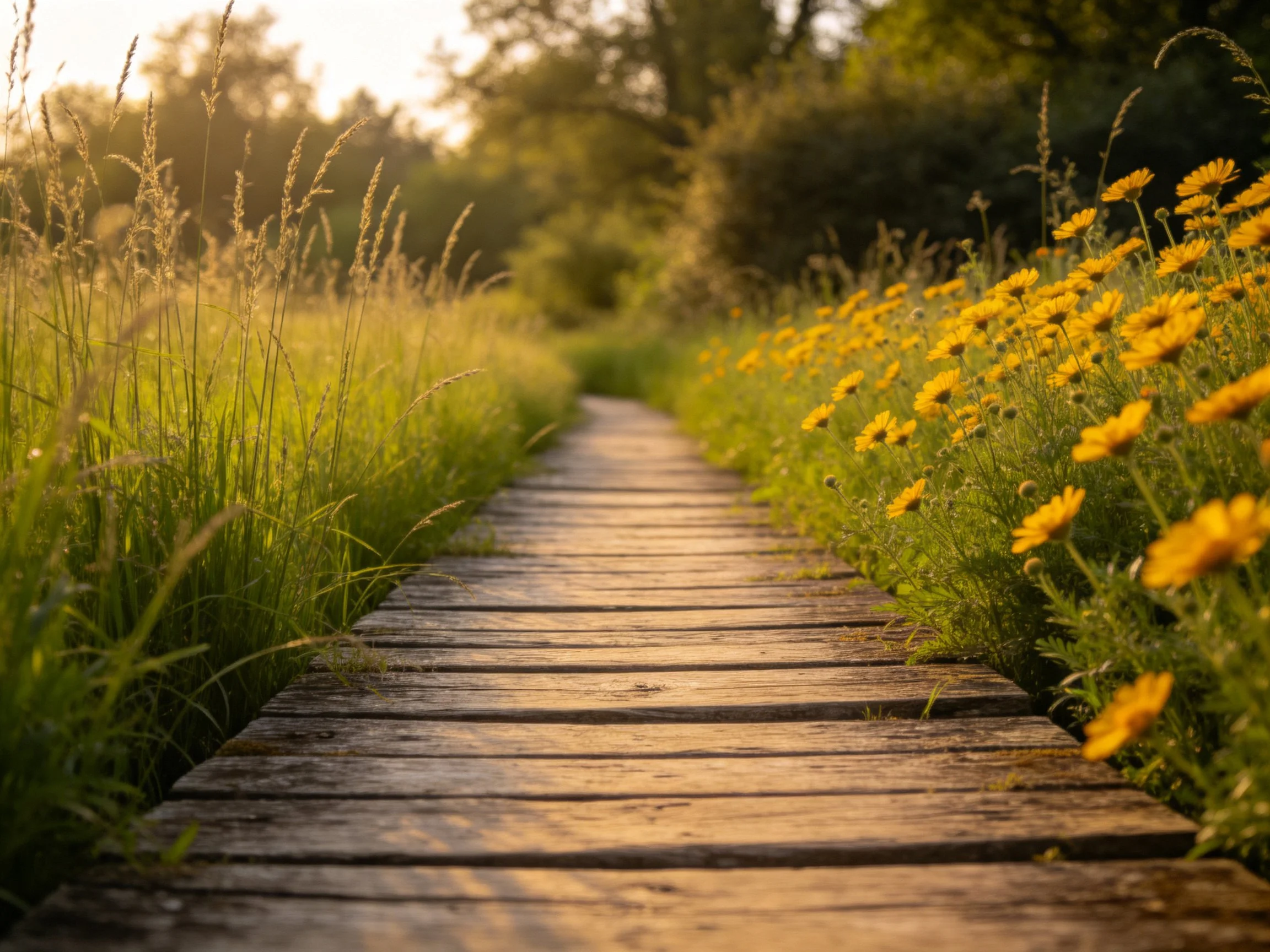 A wooden path surrounded by tall grass and vibrant yellow wildflowers