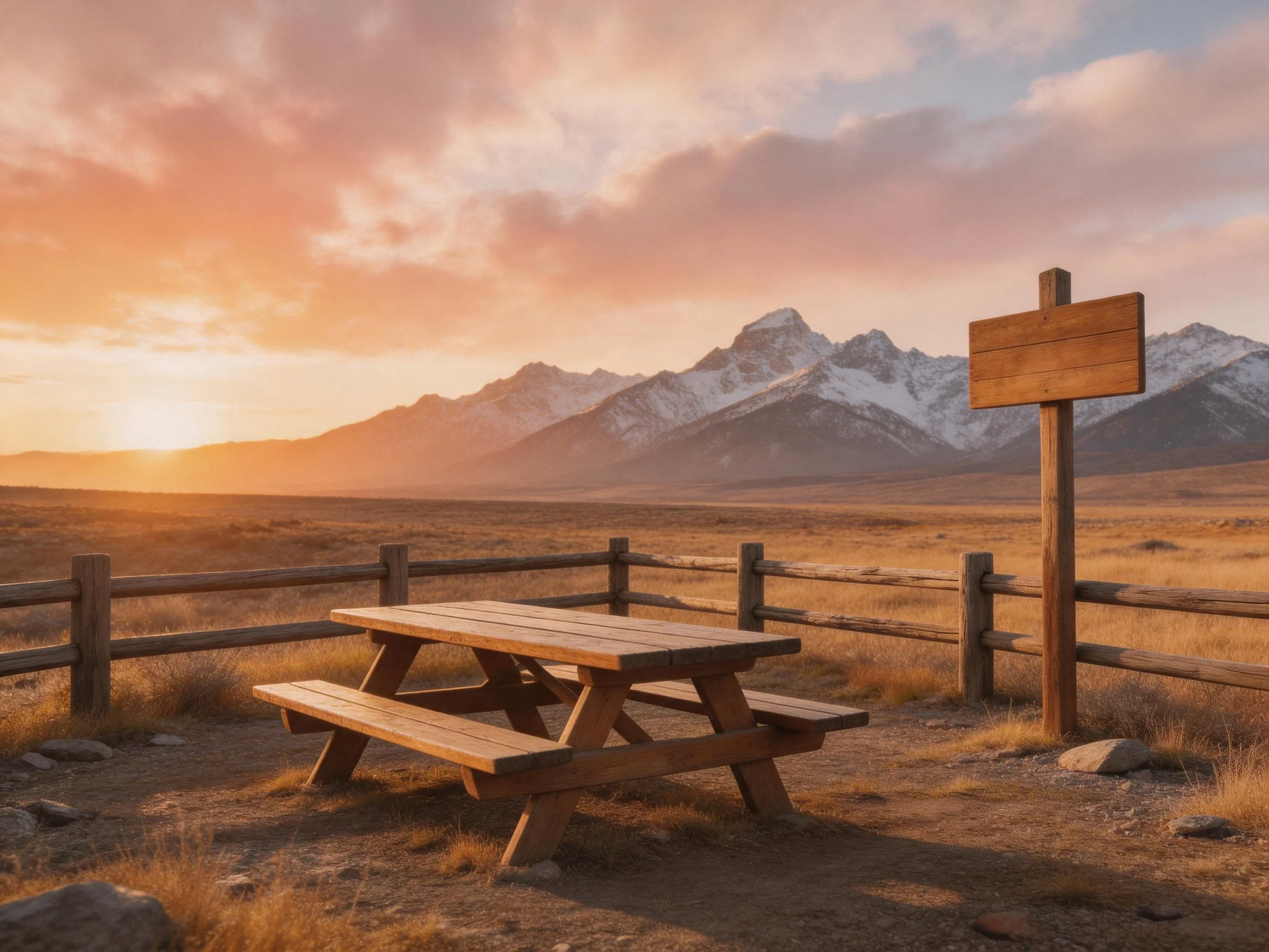 A wooden picnic table by a fence near snow - capped mountains at sunset