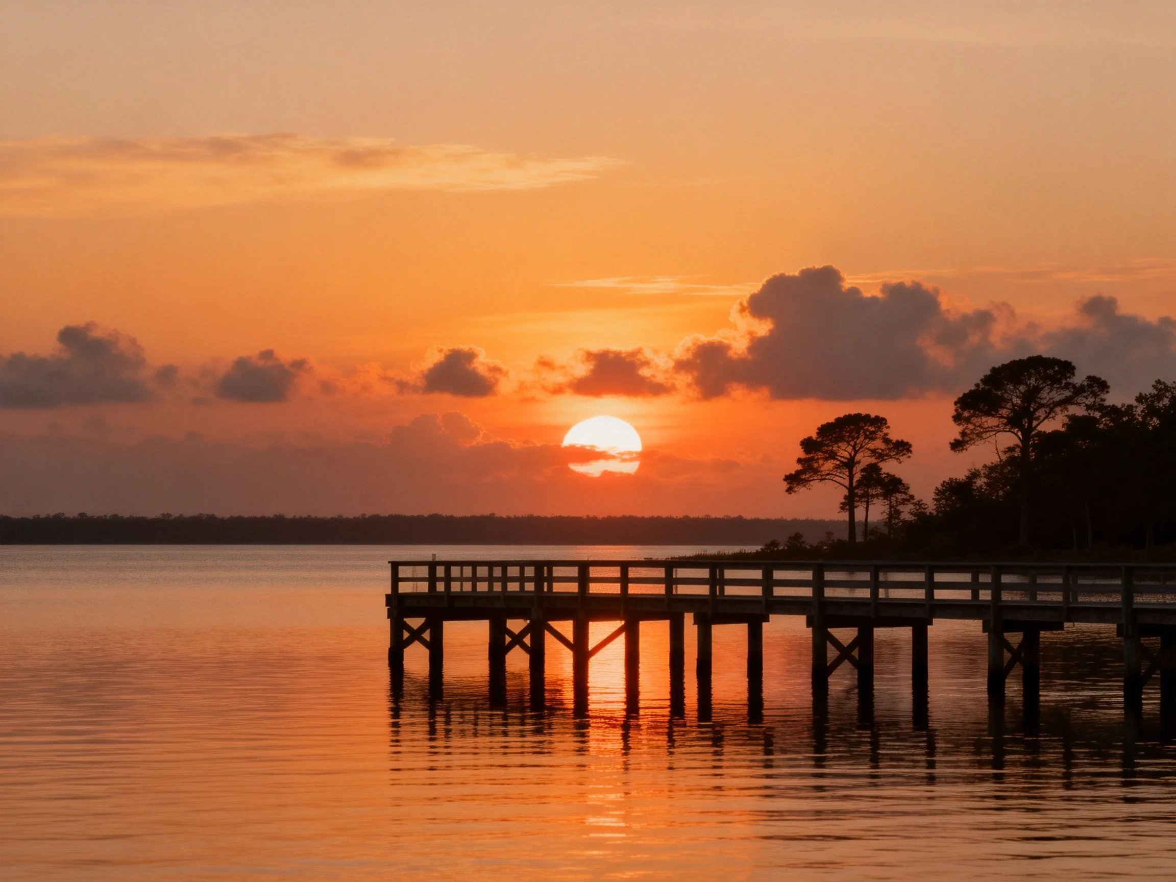 A wooden pier spans calm waters under a vivid sunset