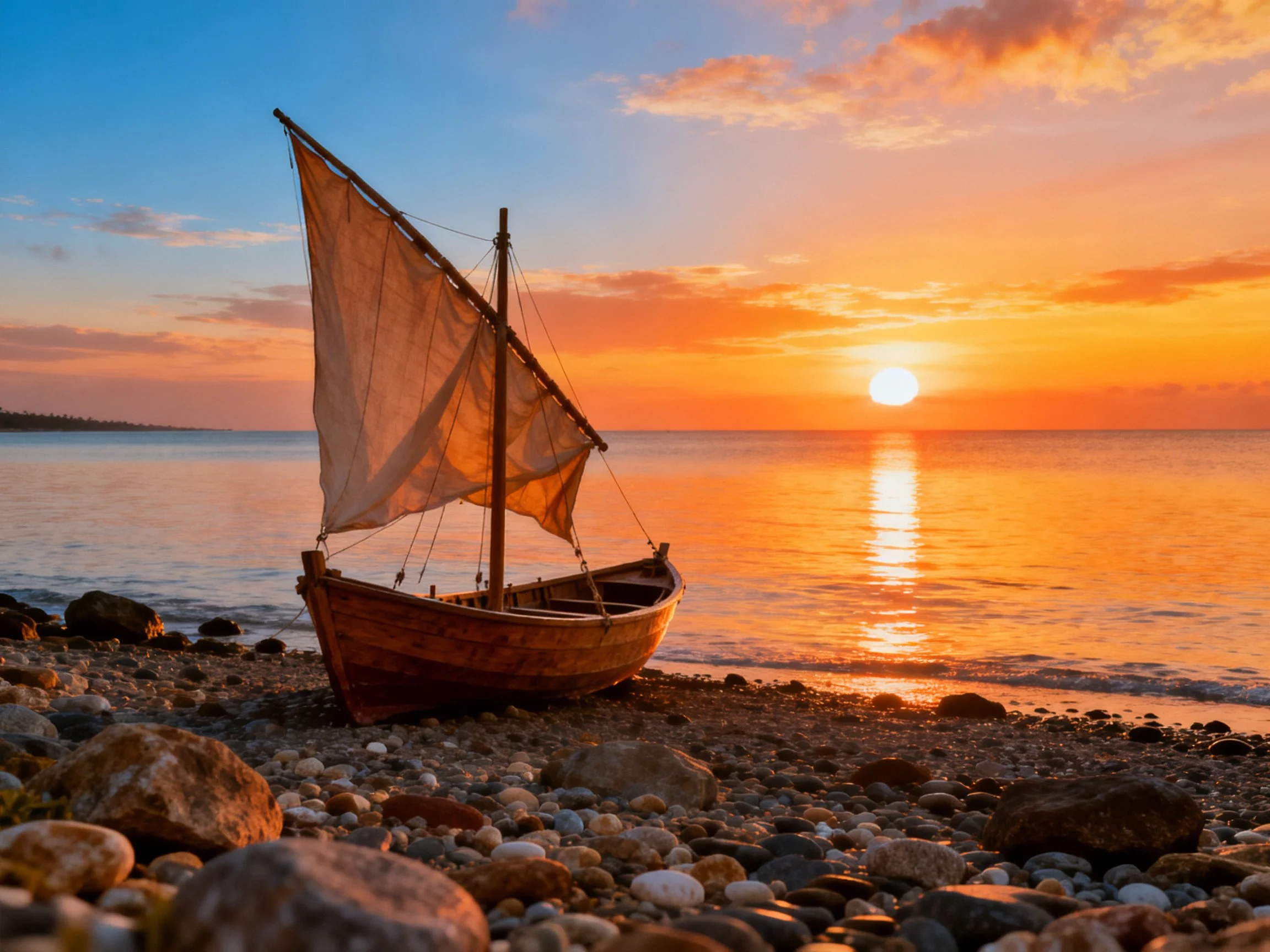 A wooden sailboat rests on a pebbly shore during vibrant sunset