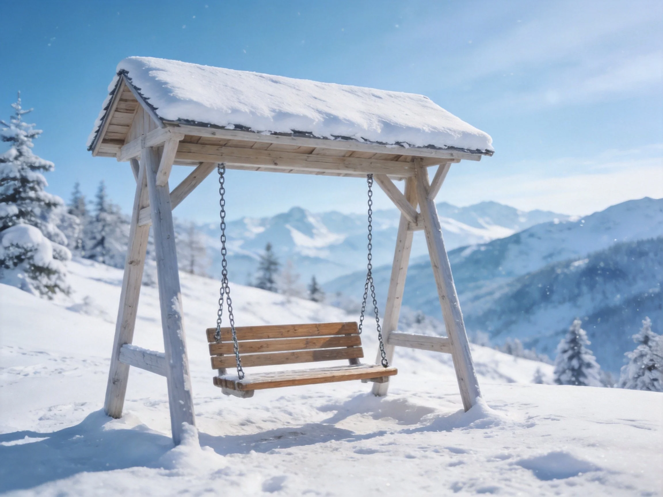A wooden swing sheltered by snow, near mountainous winter landscape