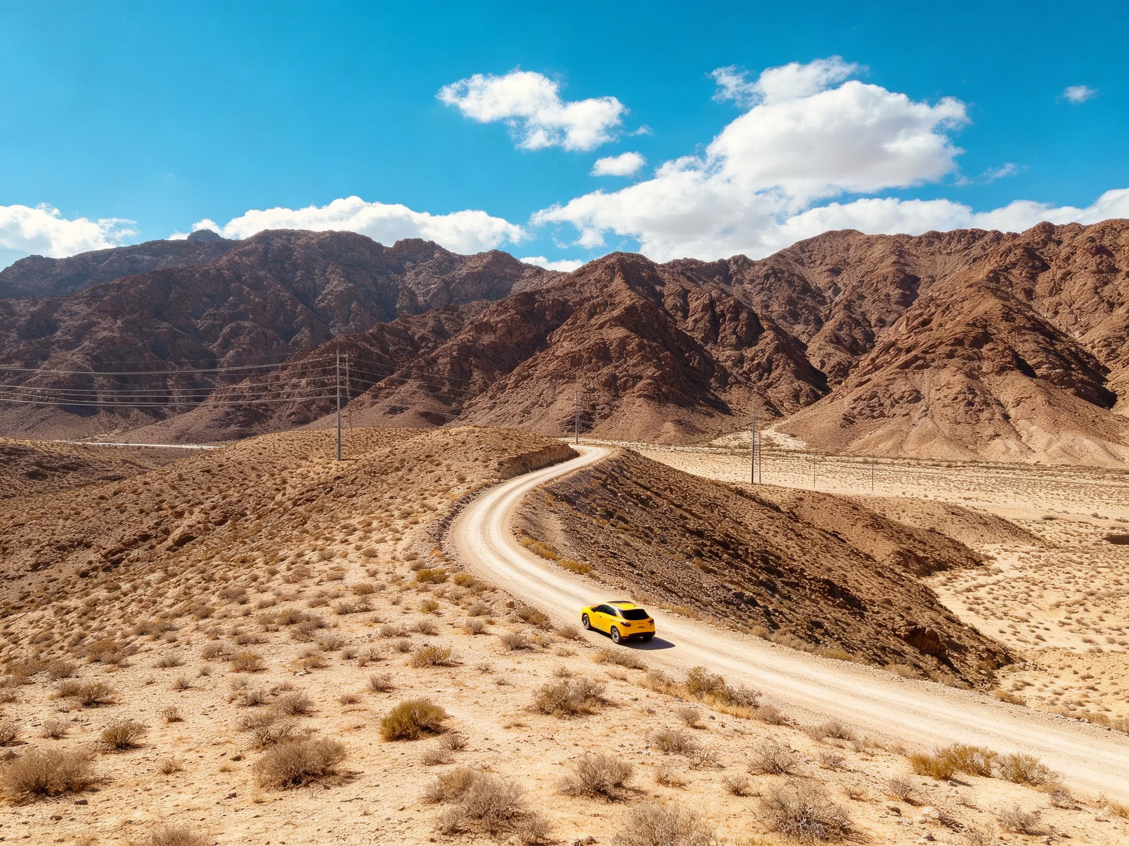 A yellow car travels along a winding desert road near brown mountains