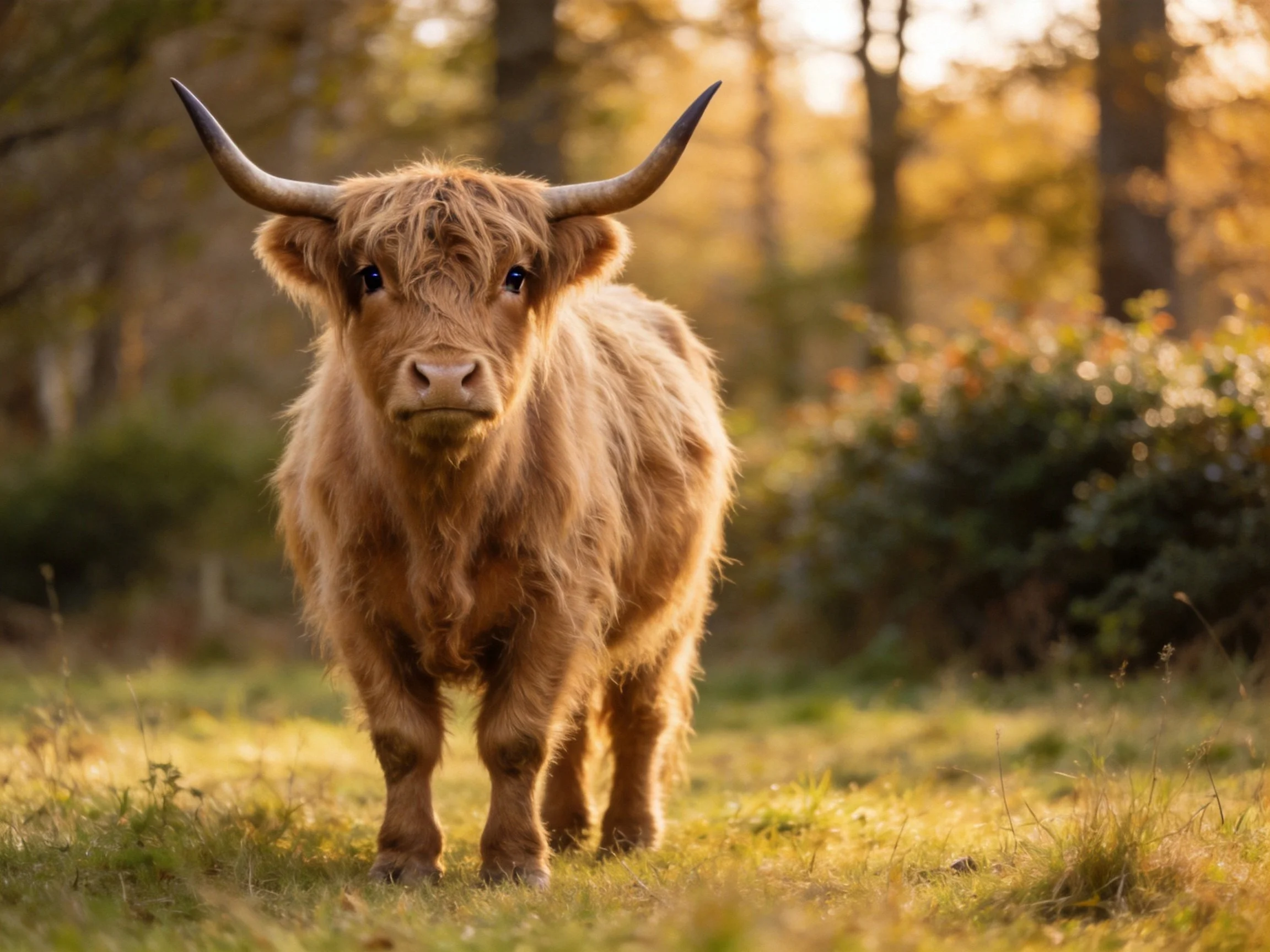 A young Highland cow with shaggy fur in a sunlit forest