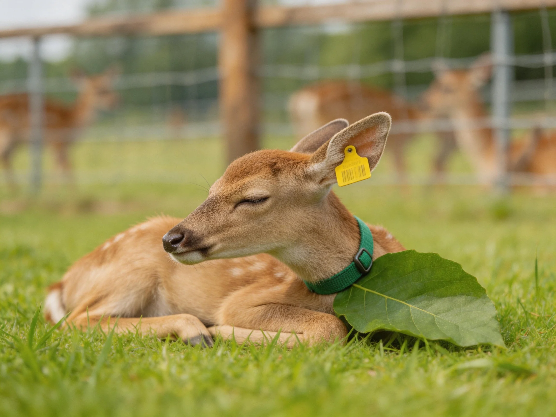 A young deer fawn resting on grass with a green collar