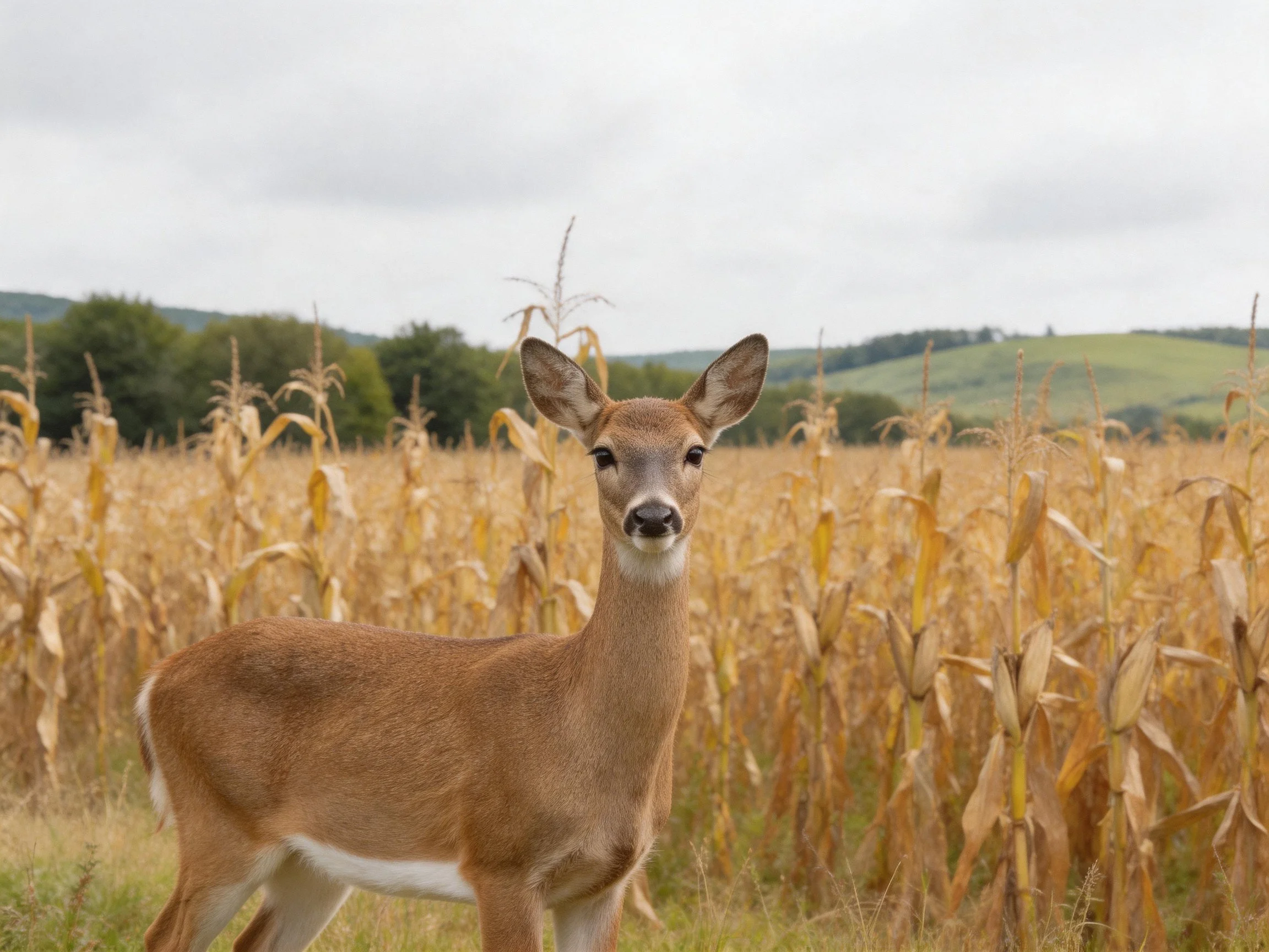 A young deer in a golden cornfield with tall dried stalks
