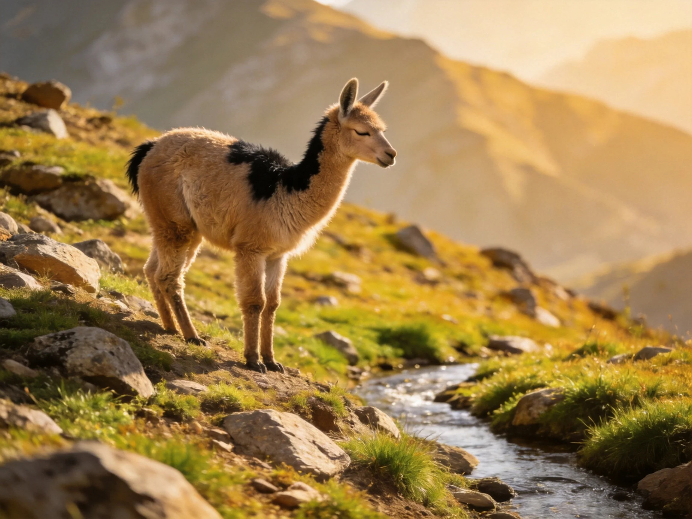 A young llama with black markings on a rocky mountain slope
